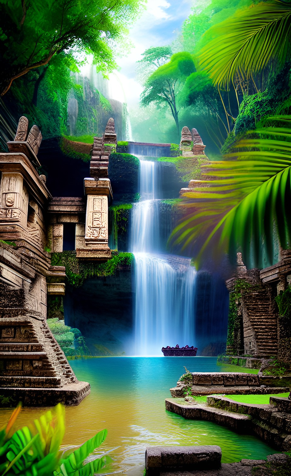 hyperrealist ancient stone mayan ruined city at jungle  pyramids ornated with intrincated carved work waterfall colorfull birds flying around preview