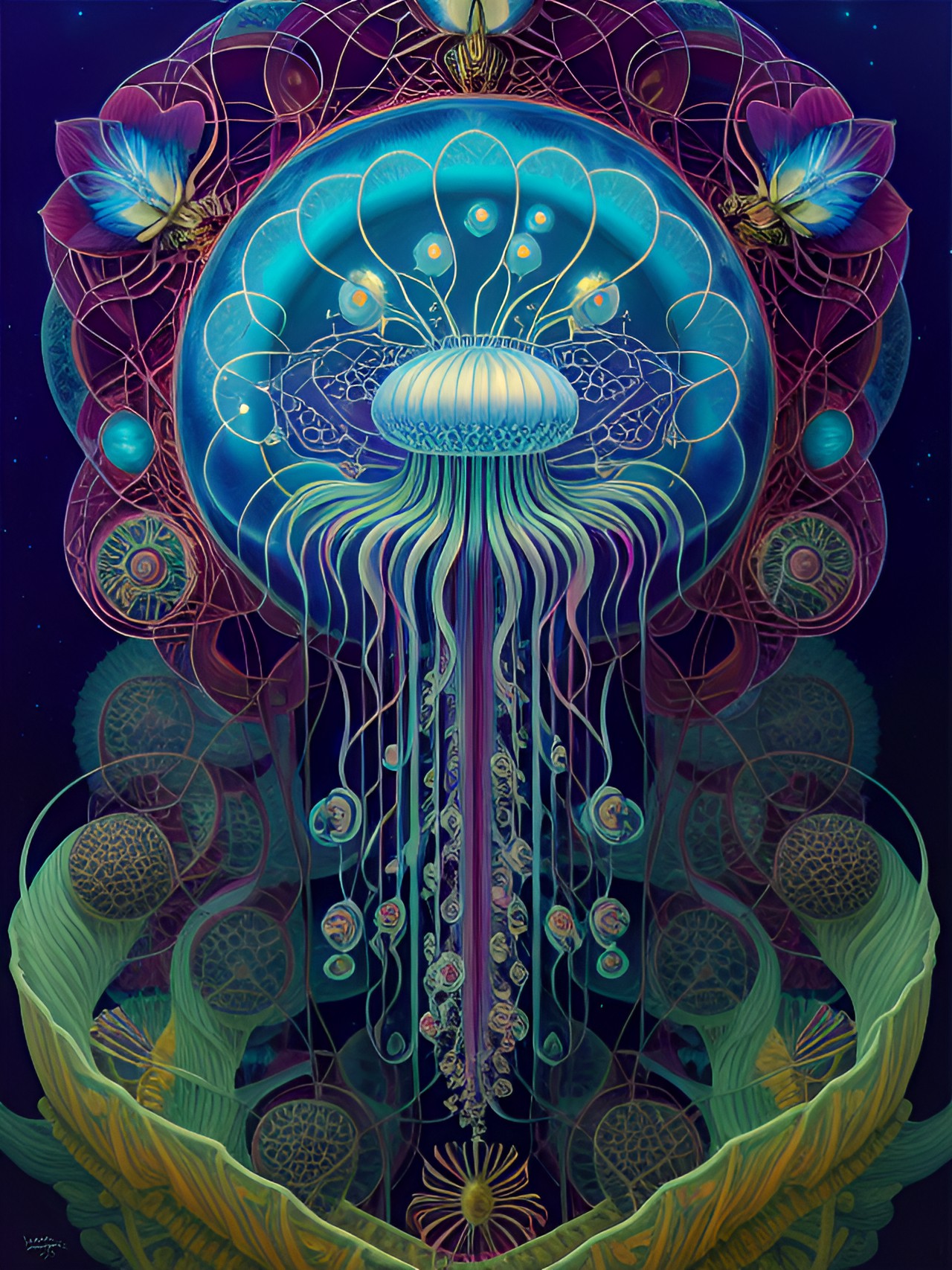 biomorphic, symmetry,  - a mesmerizing bioluminescent jellyfish floating in the dark abyss, its symmetrical tendrils glowing with an otherworldly radiance. " preview