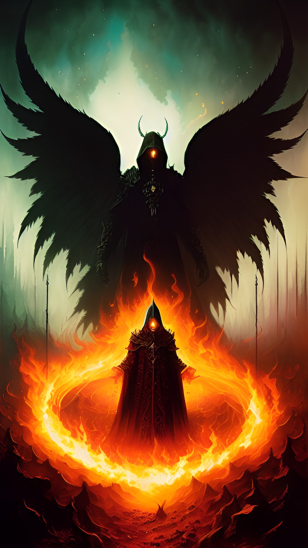 hell, a demon with wings is encircled by flames, ashes, and ember preview