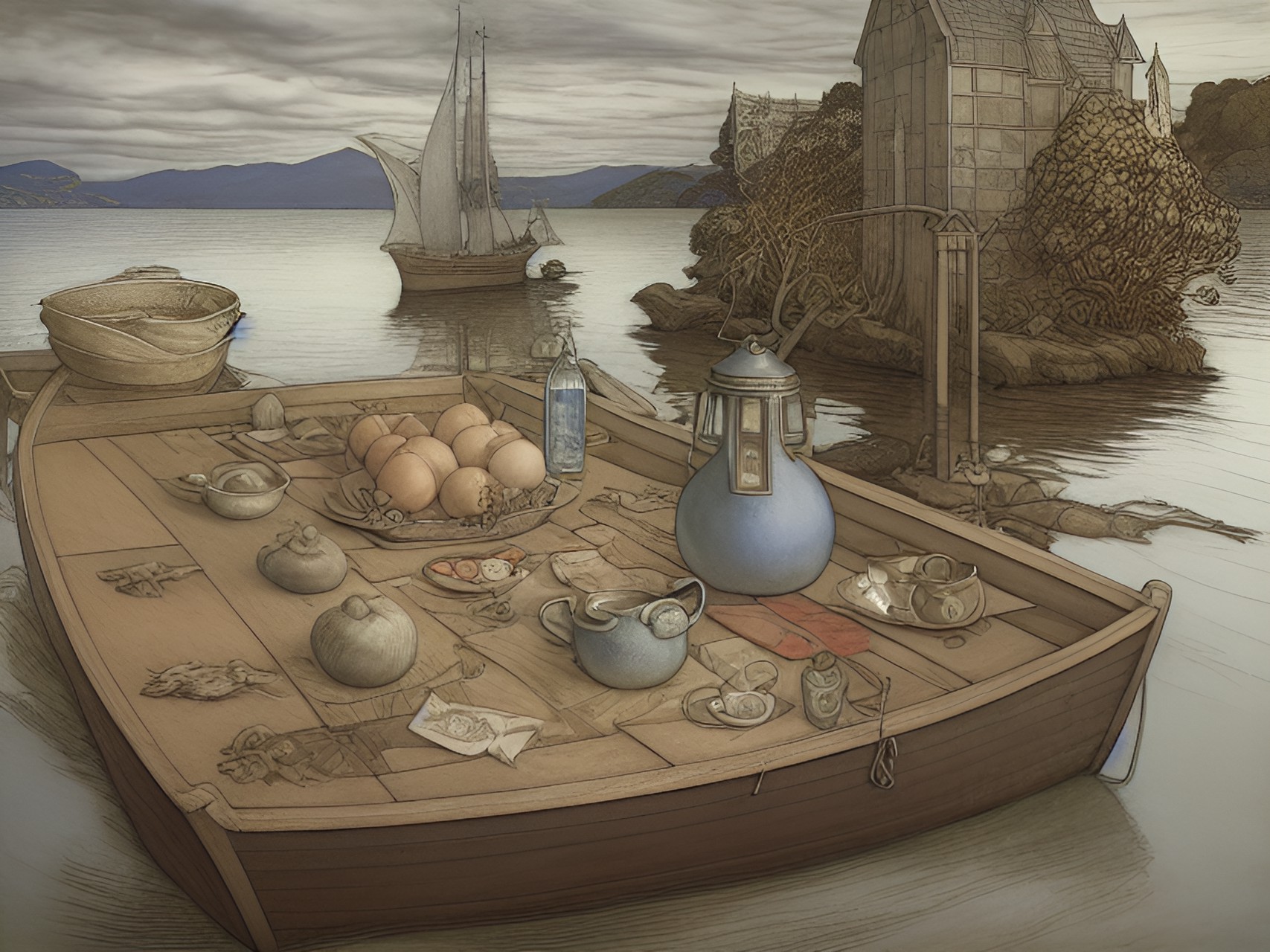 still life with citchen on scotland bay,by arthur rackham&larry elmore$color$,pastel,hd preview