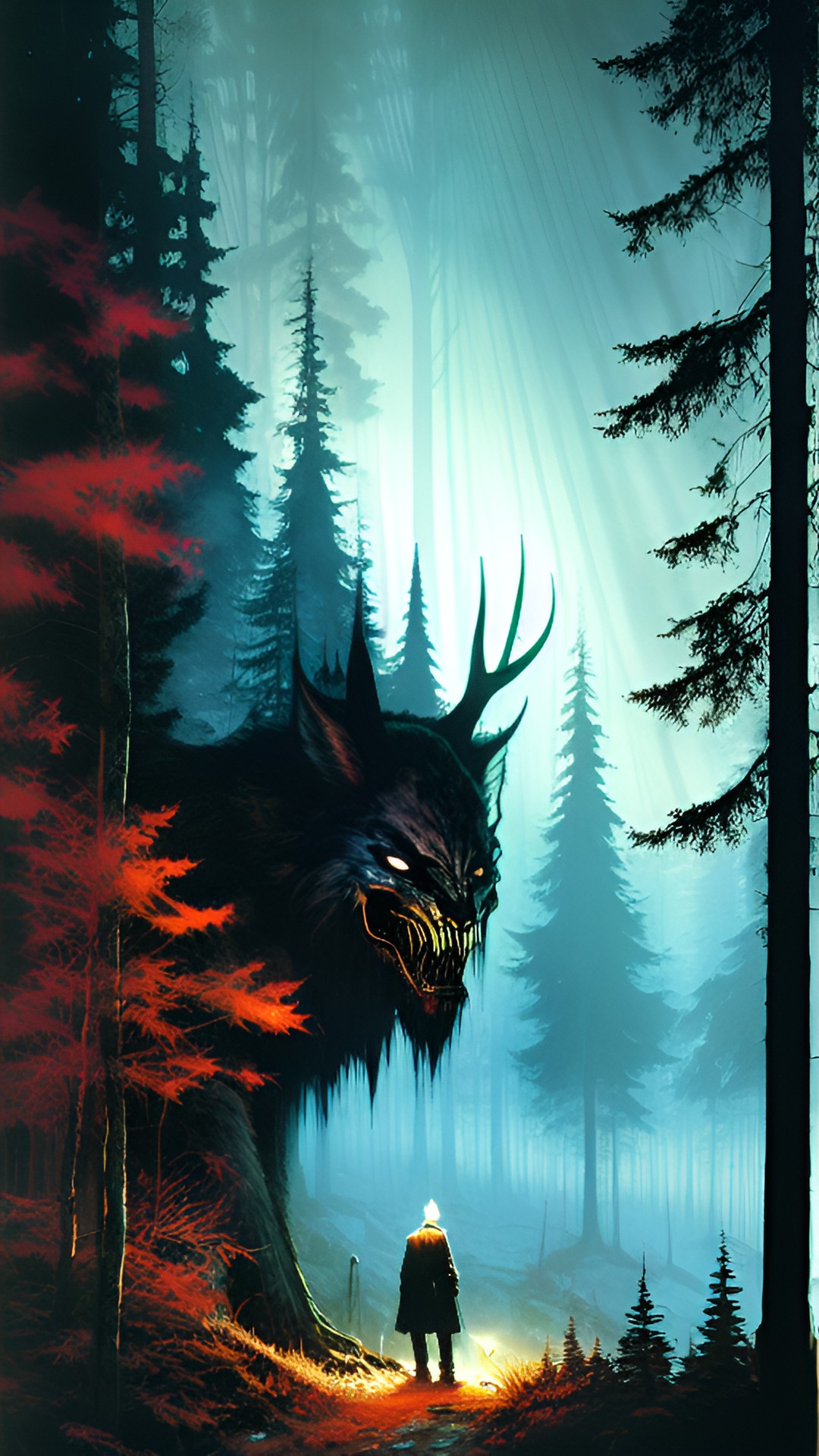 wendigo stalking a man in the forest. preview