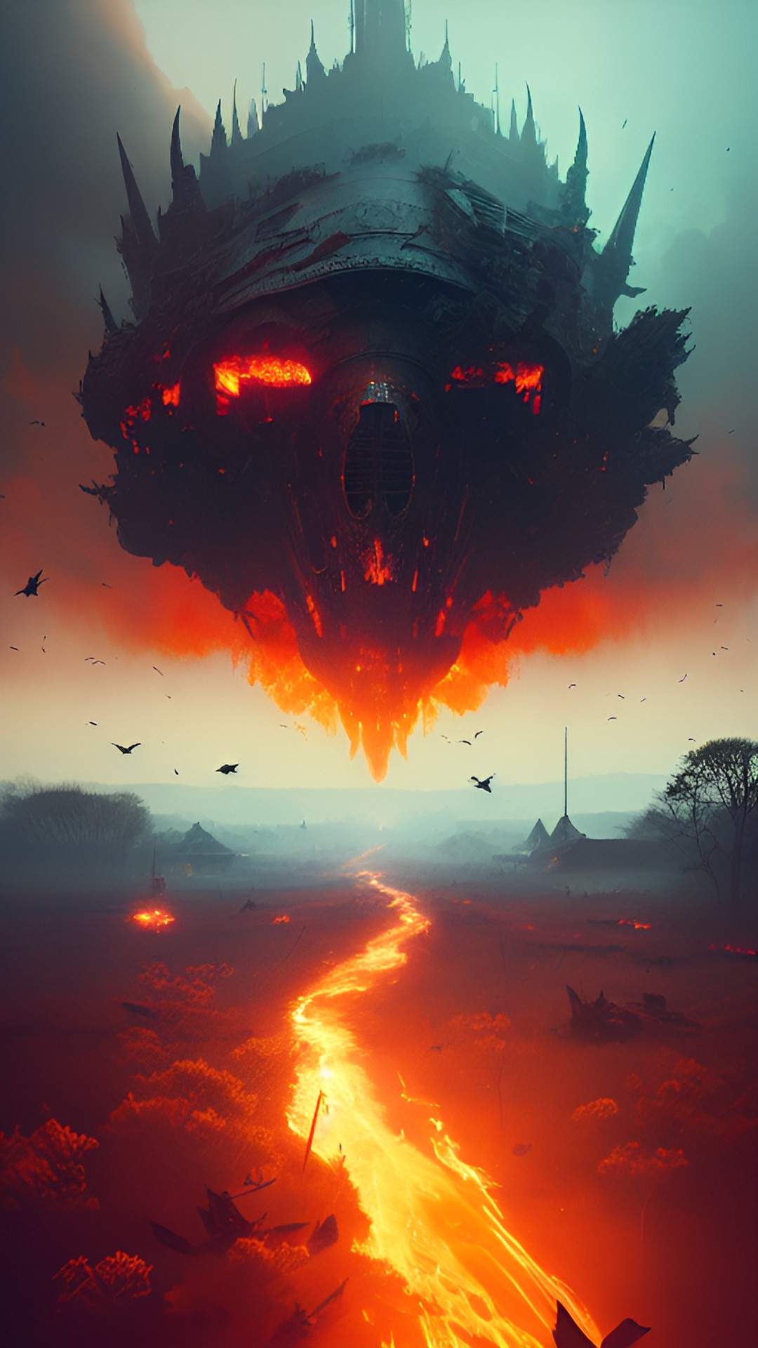 hell depicted as a fiery landscape with ember and ashes in the air, a devil walks, crows flying in the air, realistic, 4k, clear preview