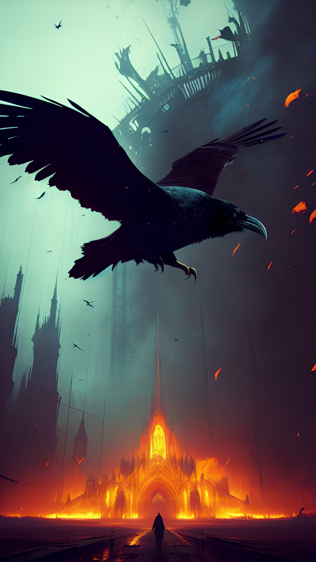 ravens flying around hell, fire, embers, ashes, black cathedral background preview