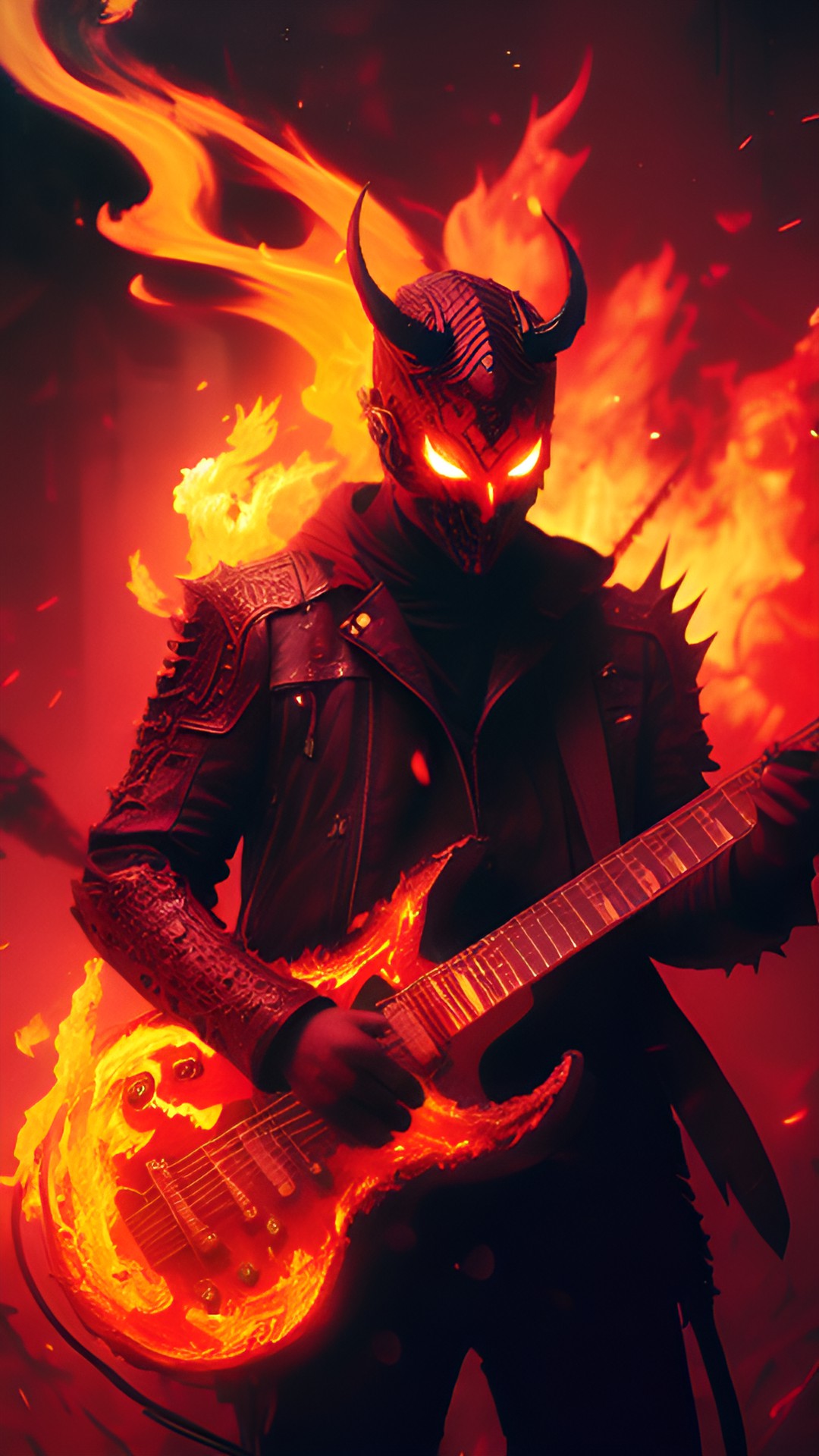 a demon jamming on the guitar in the fiery depths of hell, surrounded by flames that illuminate his dark, menacing form. preview