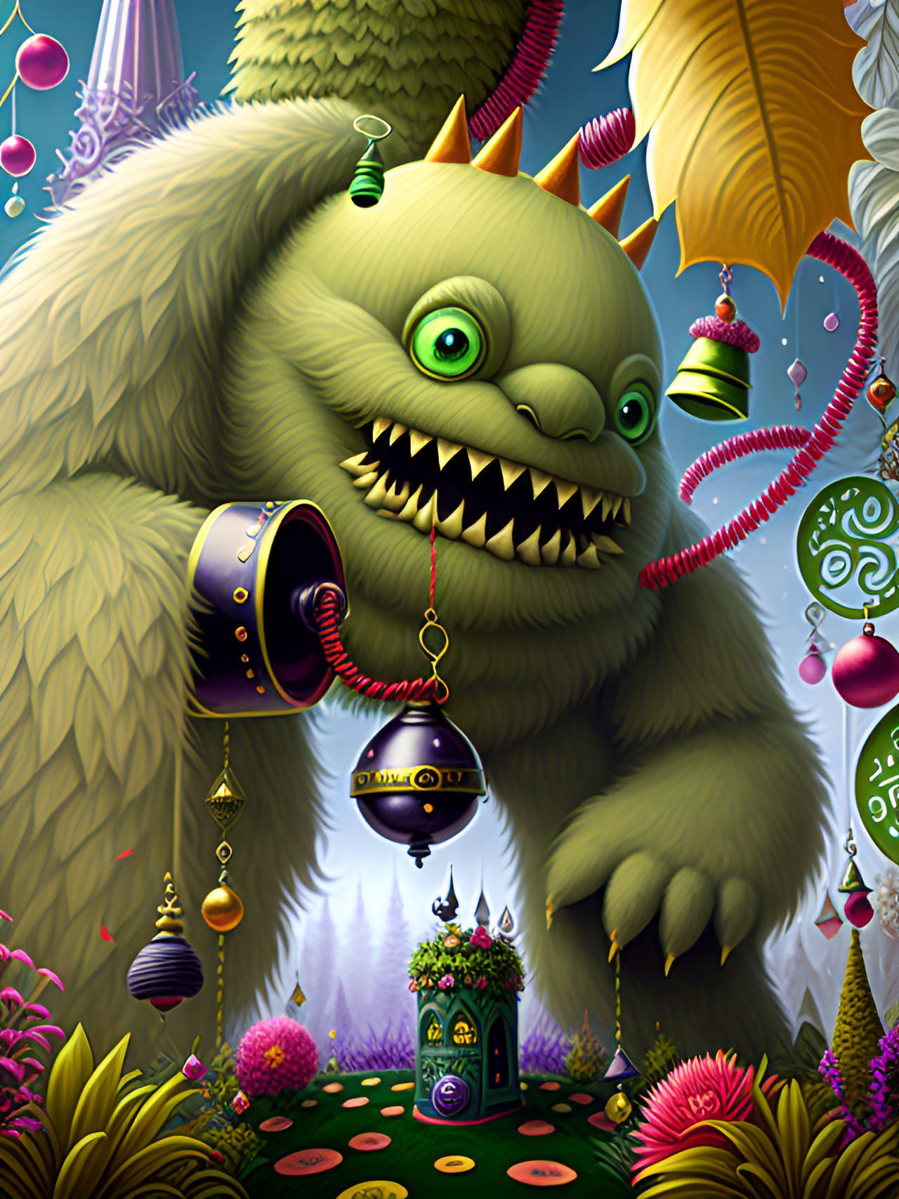 monster ringing bells in a surreal garden preview