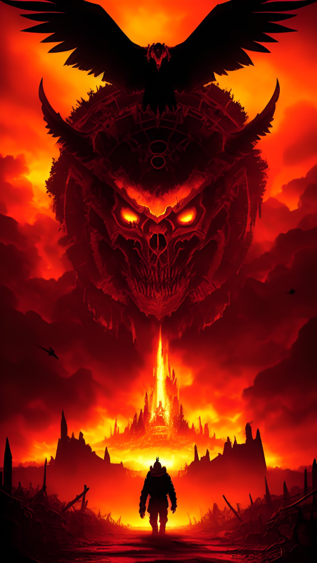 doom wasteland engulfed in flames, with demons lurking in the shadows. the sky is blood red and the ground is cracked and barren. crows are flying through the air. demons walk the earth. a true vision of hell on earth. preview