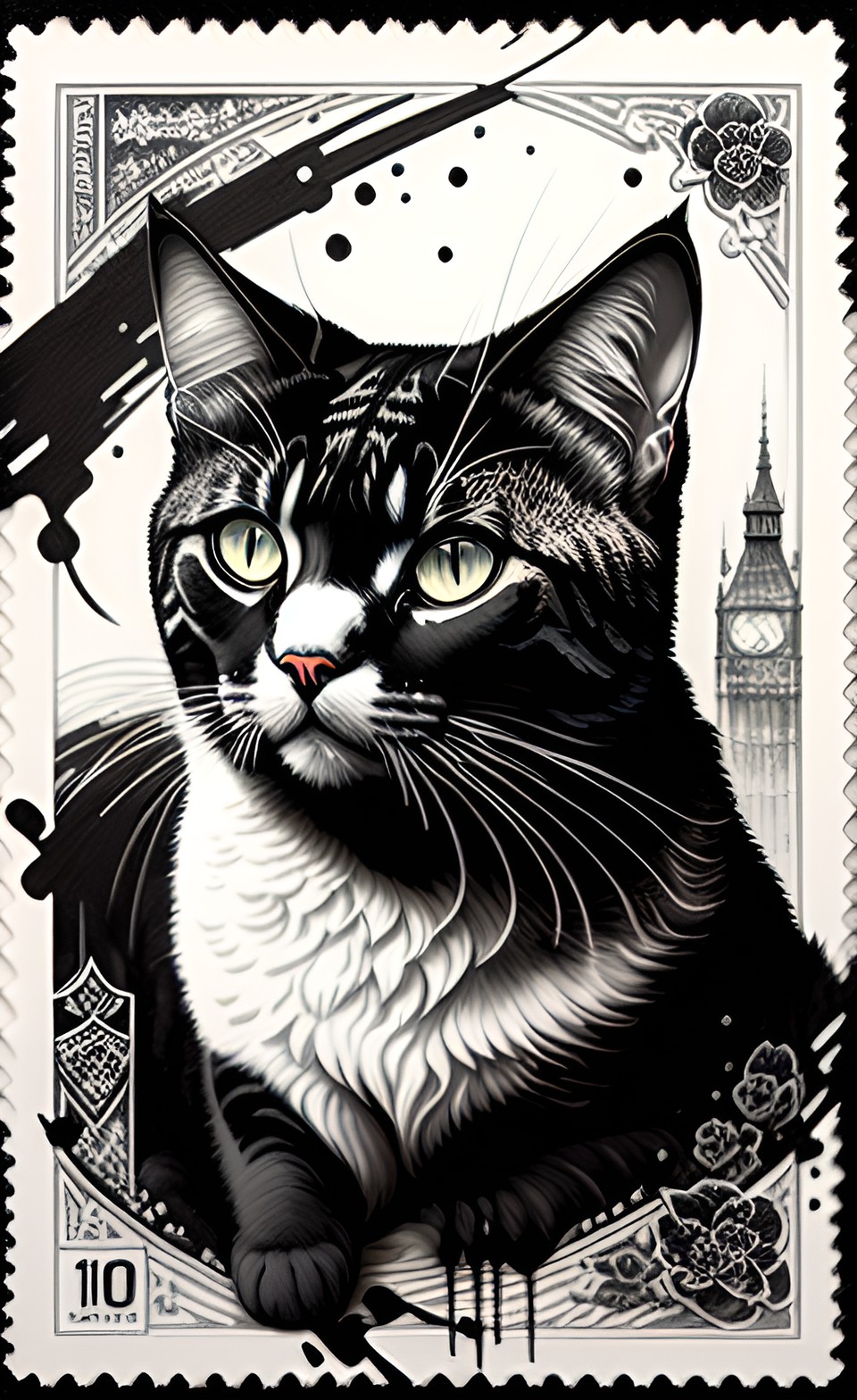 cat stamp - cats on british stamps, with queens head silhouette in top right corner preview