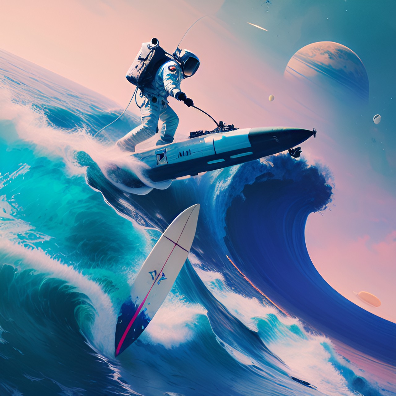 astronaut flying in space on a surf board preview