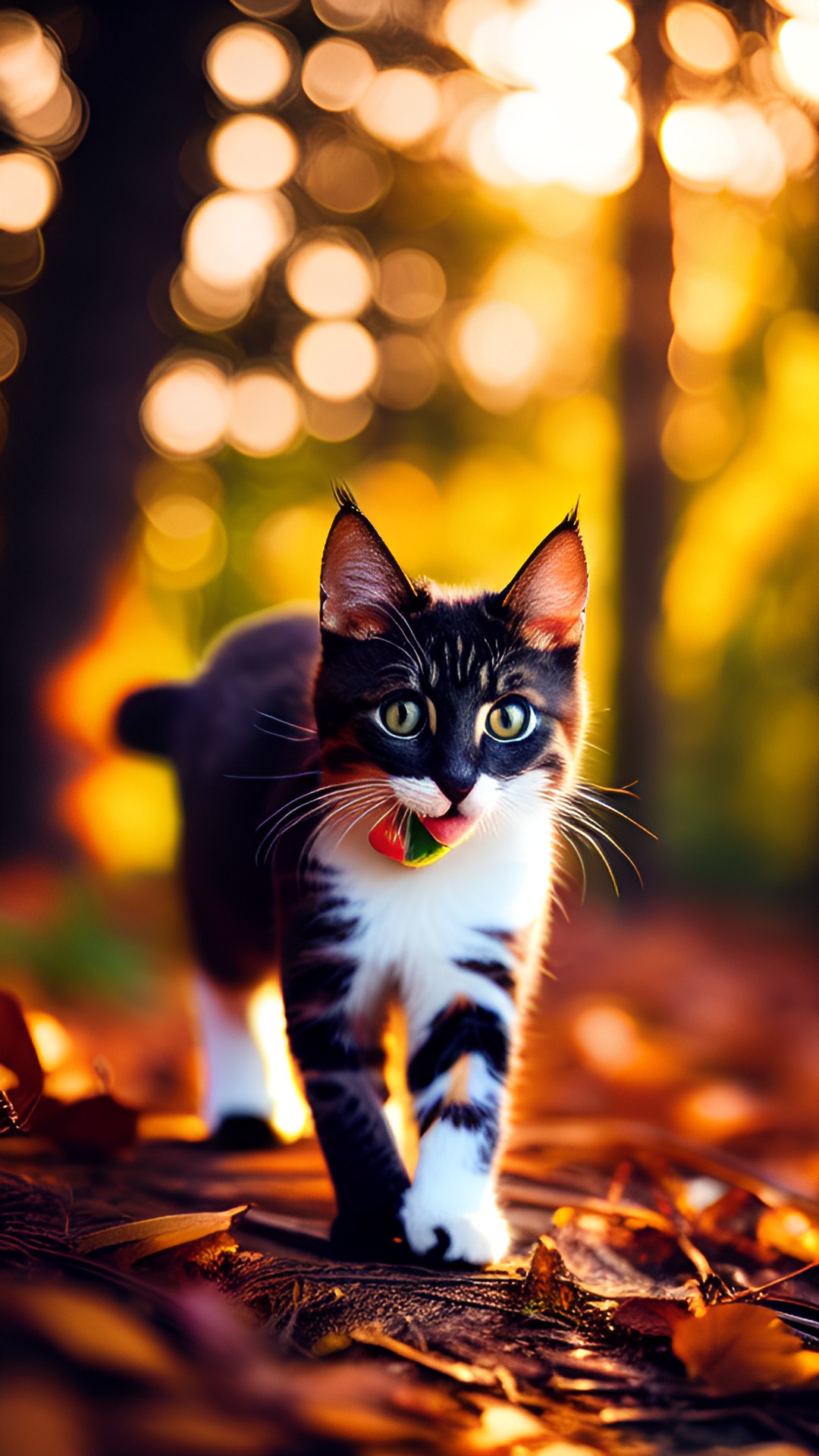 kitty eating donut in a forest at sunset preview