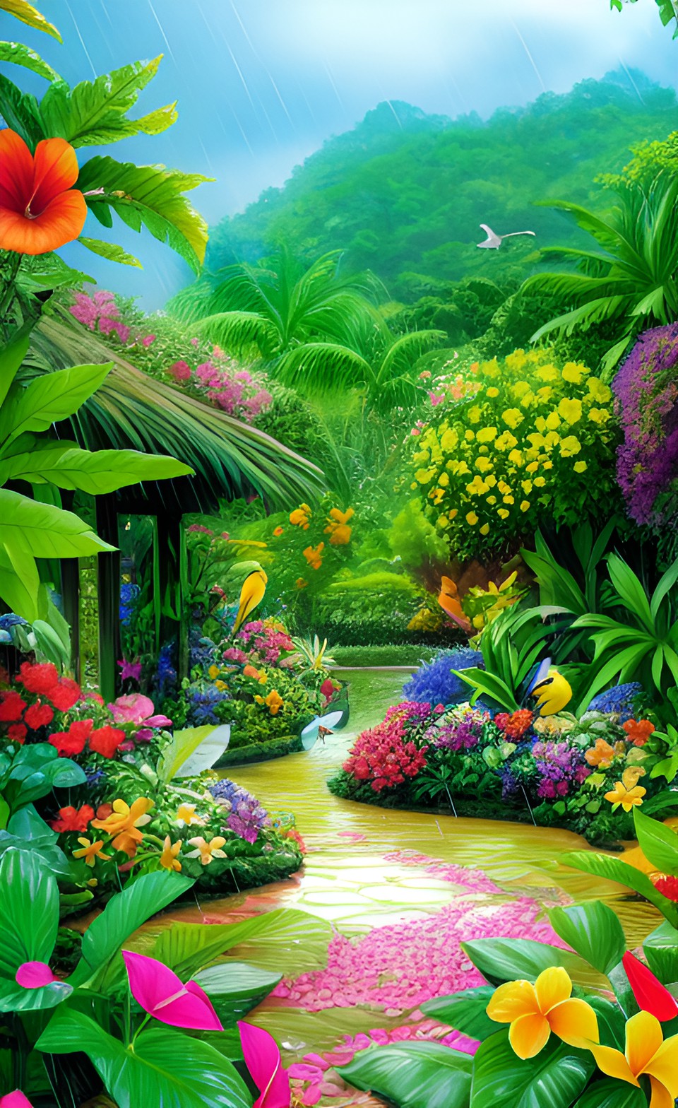 garden - the perfect tropical floral garden of eden, with rain drops on the petals, and birds hopping about preview