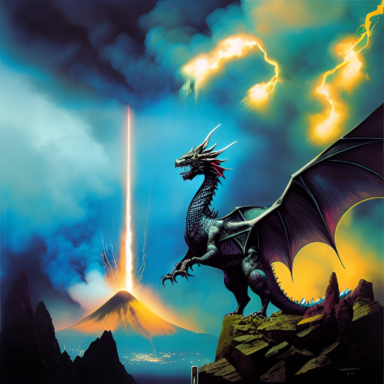 Volcano Dragon 1 - volcanic dragon with lightning background and blue magic breath preview