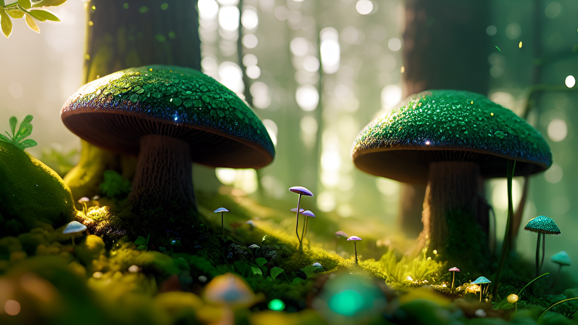 glittering mist and green fungi with sparkling spores preview