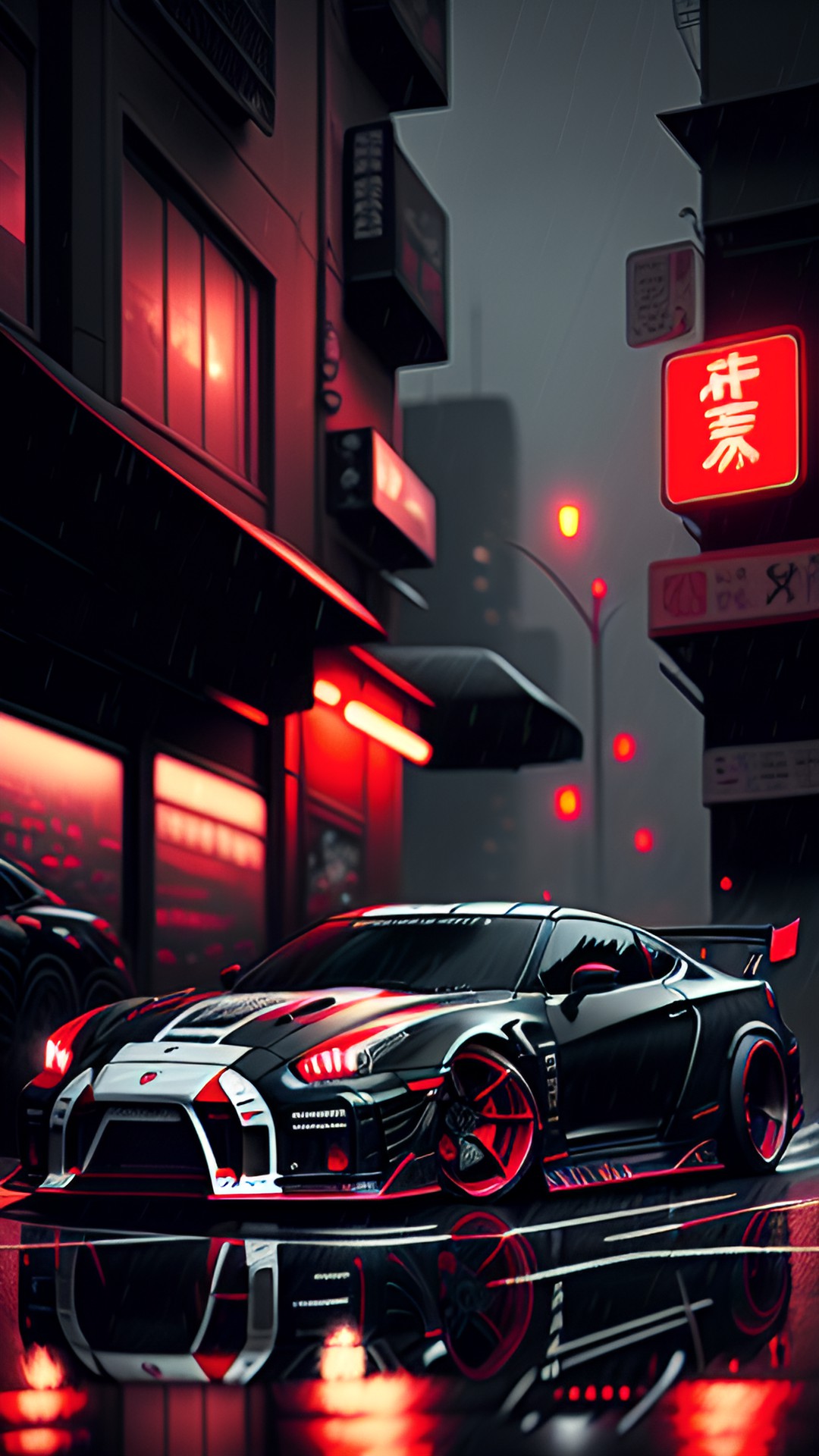 a dark red art, nismo r35 gtr, cyberpunk city street, rain, night, cinematic lighting, 64k, unreal engine 5, insanely detailed, illustration, concept art, matching reflections preview