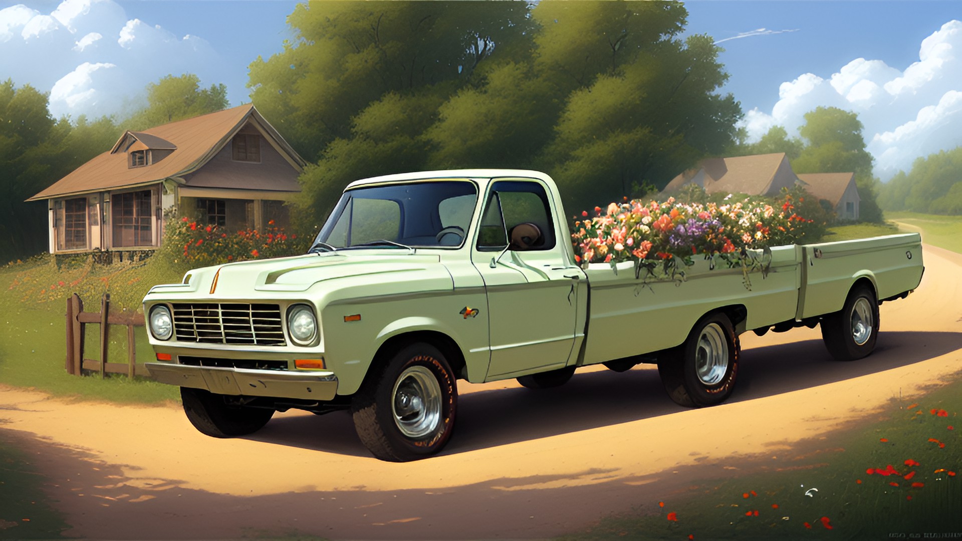 pickup train - 1969s pickup loaded with flowers on french country road with cute bay village,by larry elmore$[[[[[colors]]]]]$ preview