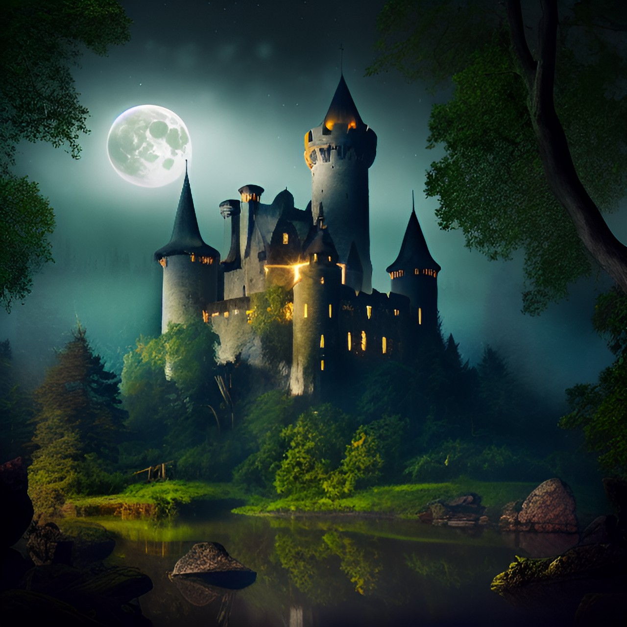 ruined castle in a dark and misty forest under a full moon. preview