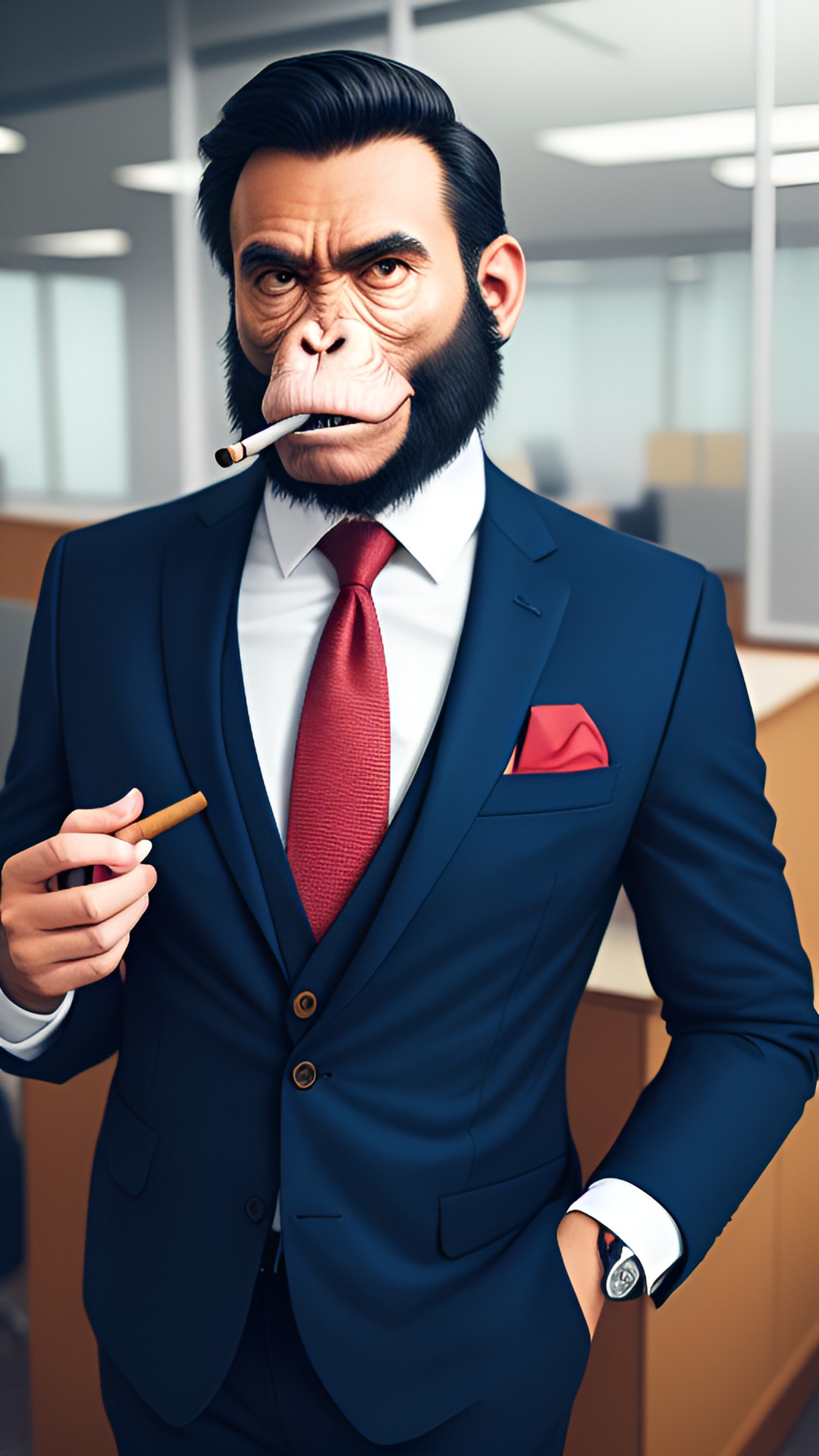 ape wearing suit and smoking tobacco  in office preview