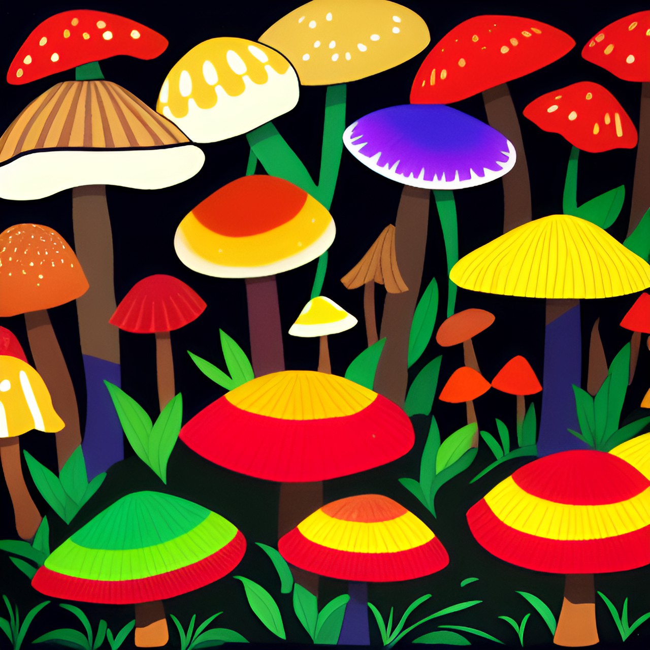 large group of colorful mushrooms in a dark forest preview