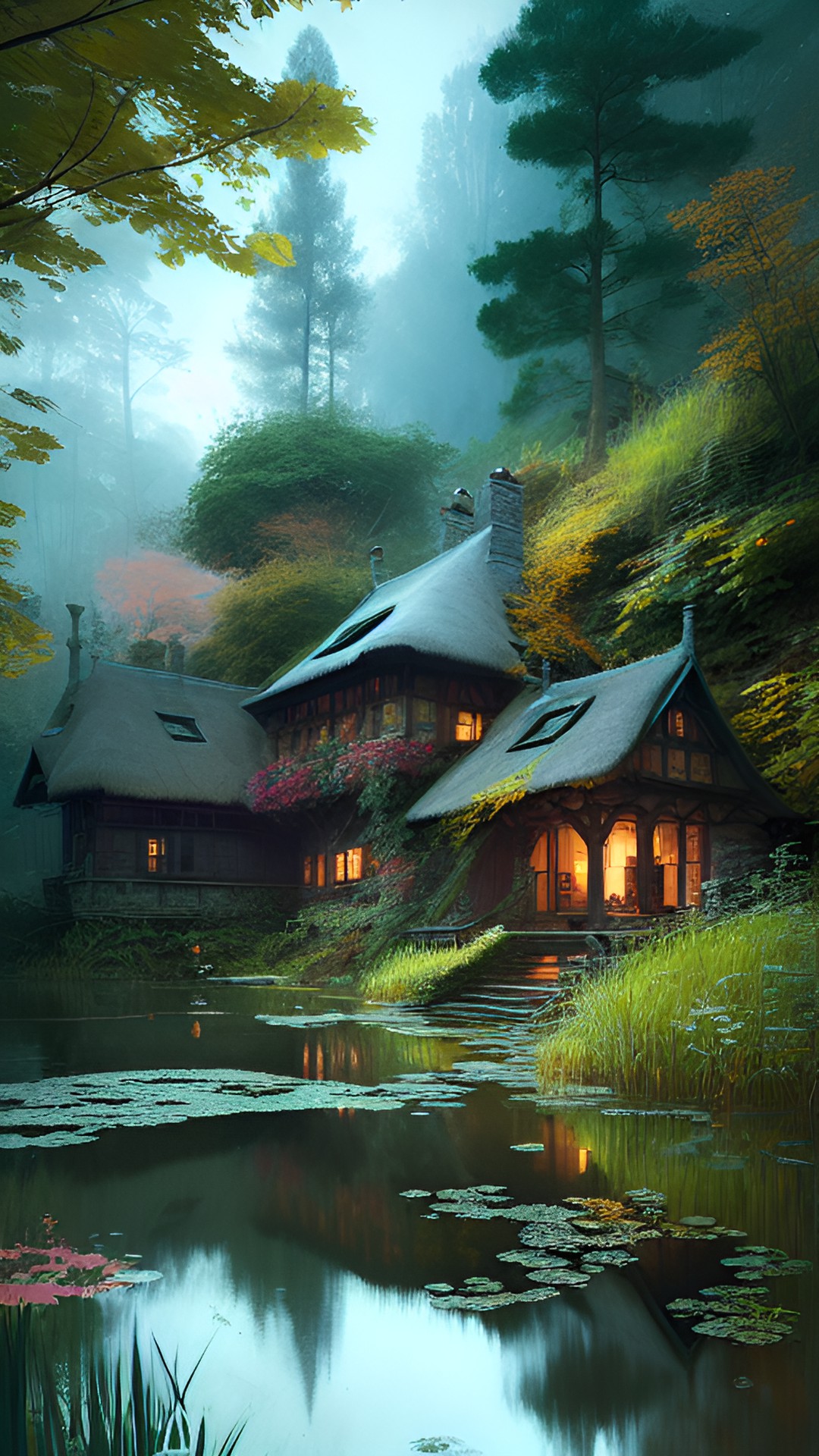 cottage in the forrest surrounded by a moat preview