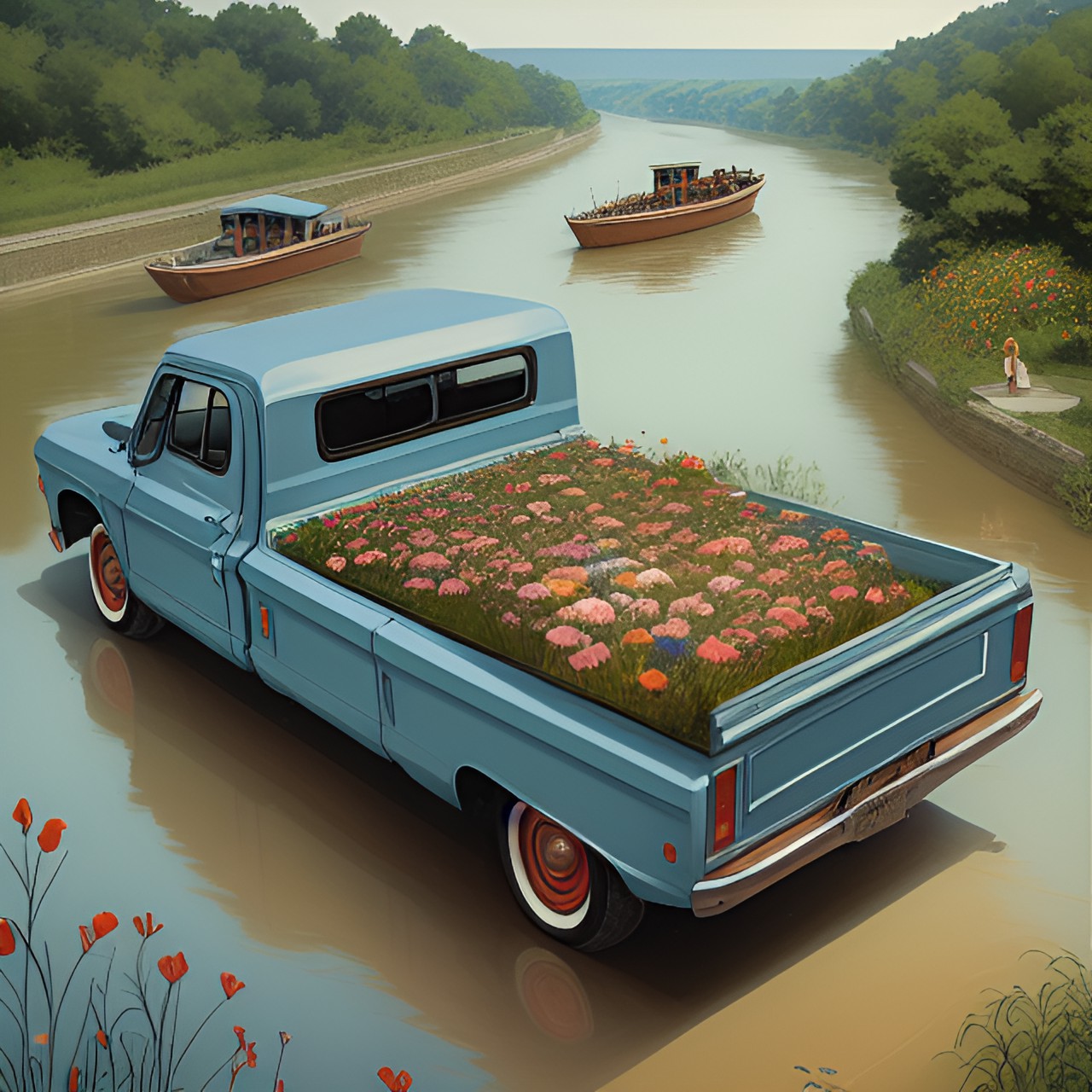 1969s pickup loaded with flowers on hungary river side village,by larry elmore$[[[[[colors]]]]]$ preview