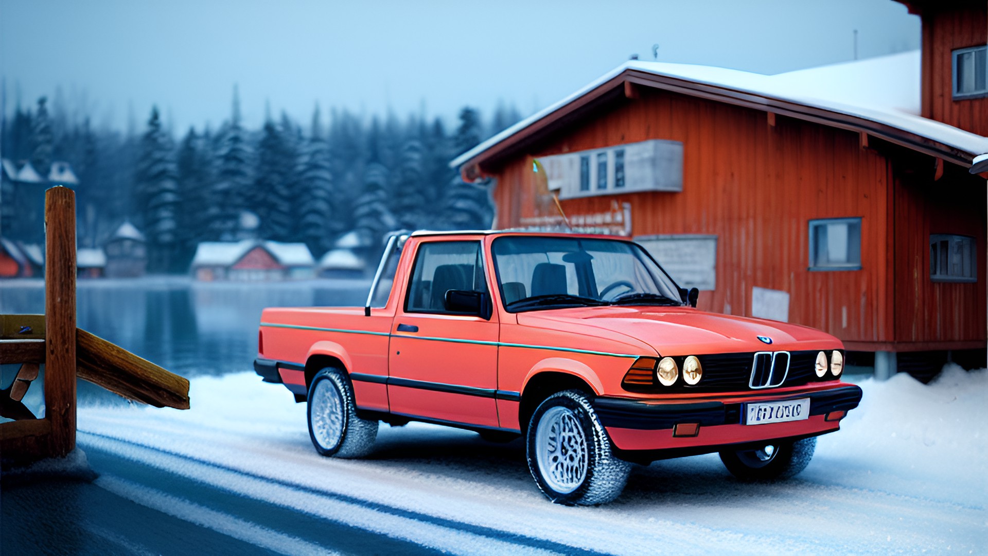 1990s,cabrio bmw pickup,winter season,finland seaside village,by artstation,35mm preview