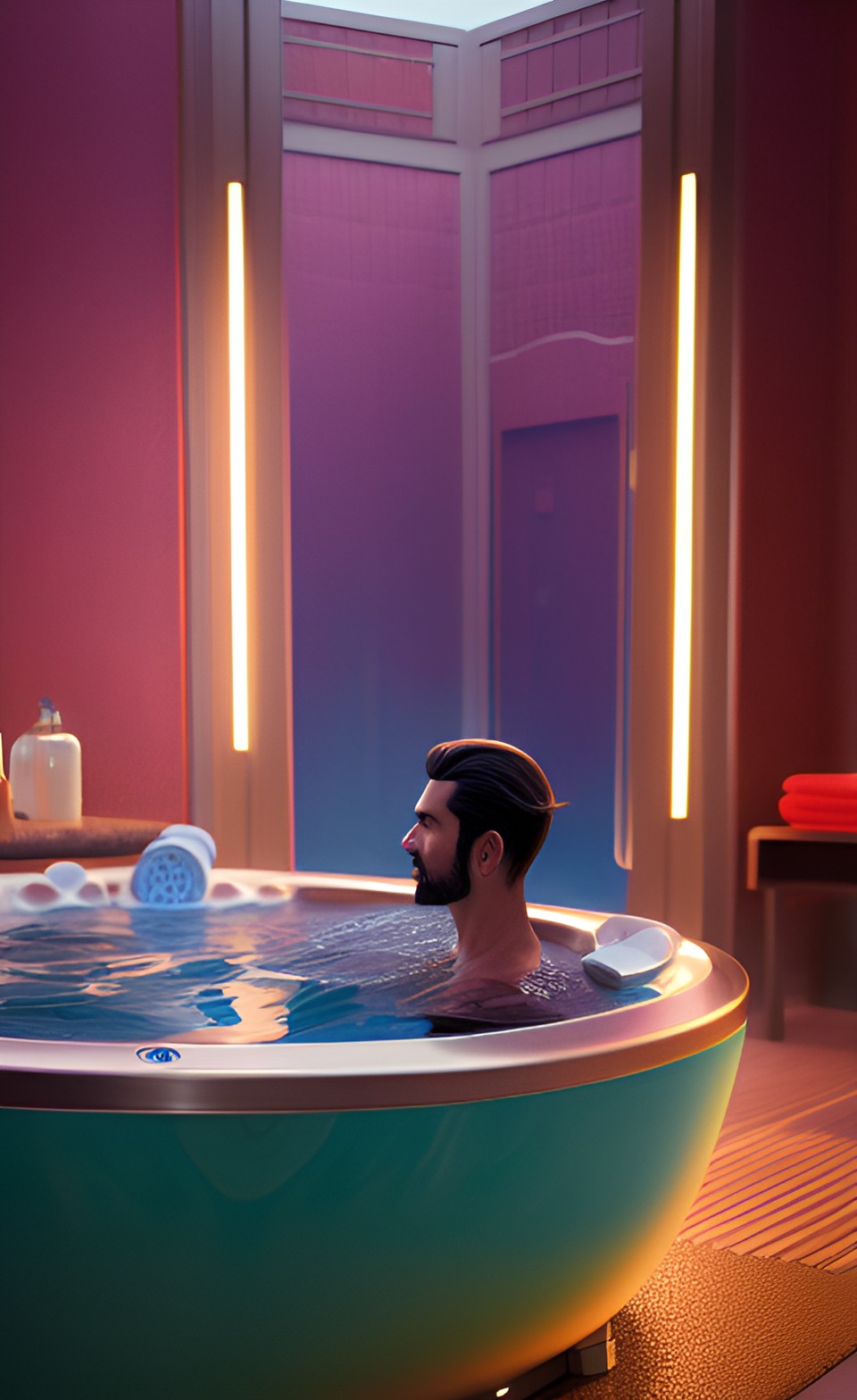 jakuzzi 1 - a handsome man in a spa complex sits in a jacuzzi perform an act of defecation people walk around preview