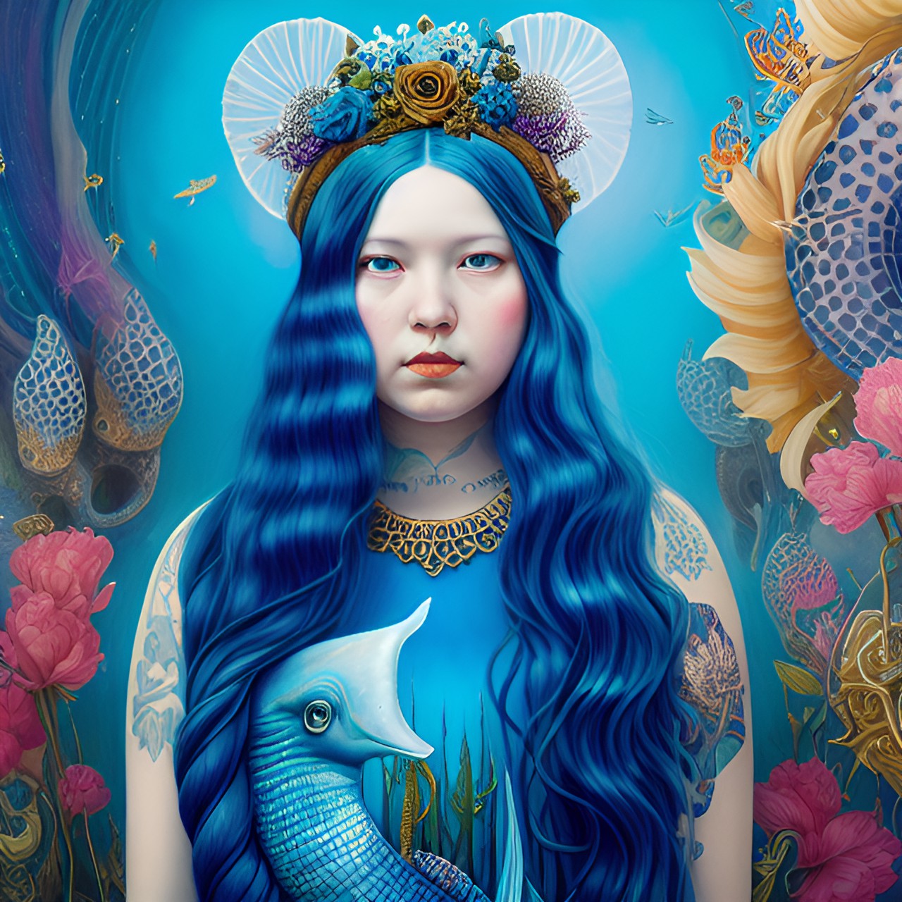 blue hair mermaid next to the blue whale preview