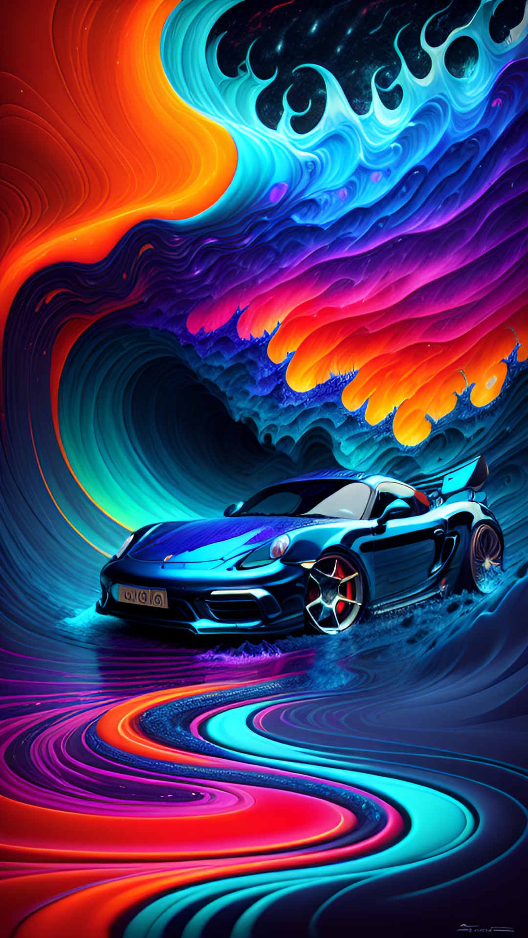 dark blue porsche cayman, neon ocean, neon waves crashing, night, neon red waves preview