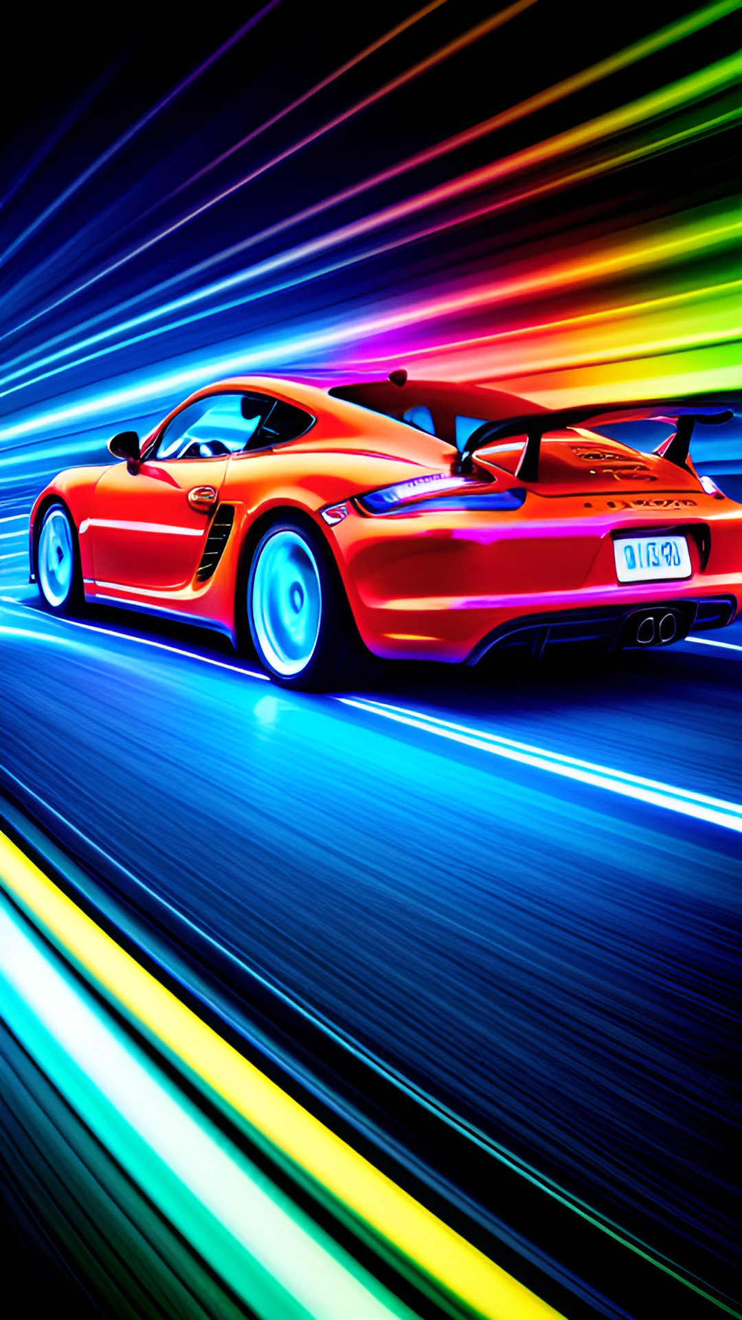 dark blue porsche cayman, neon lines in ocean, neon waves crashing, dark night, neon red lines waves, high detail, dark preview