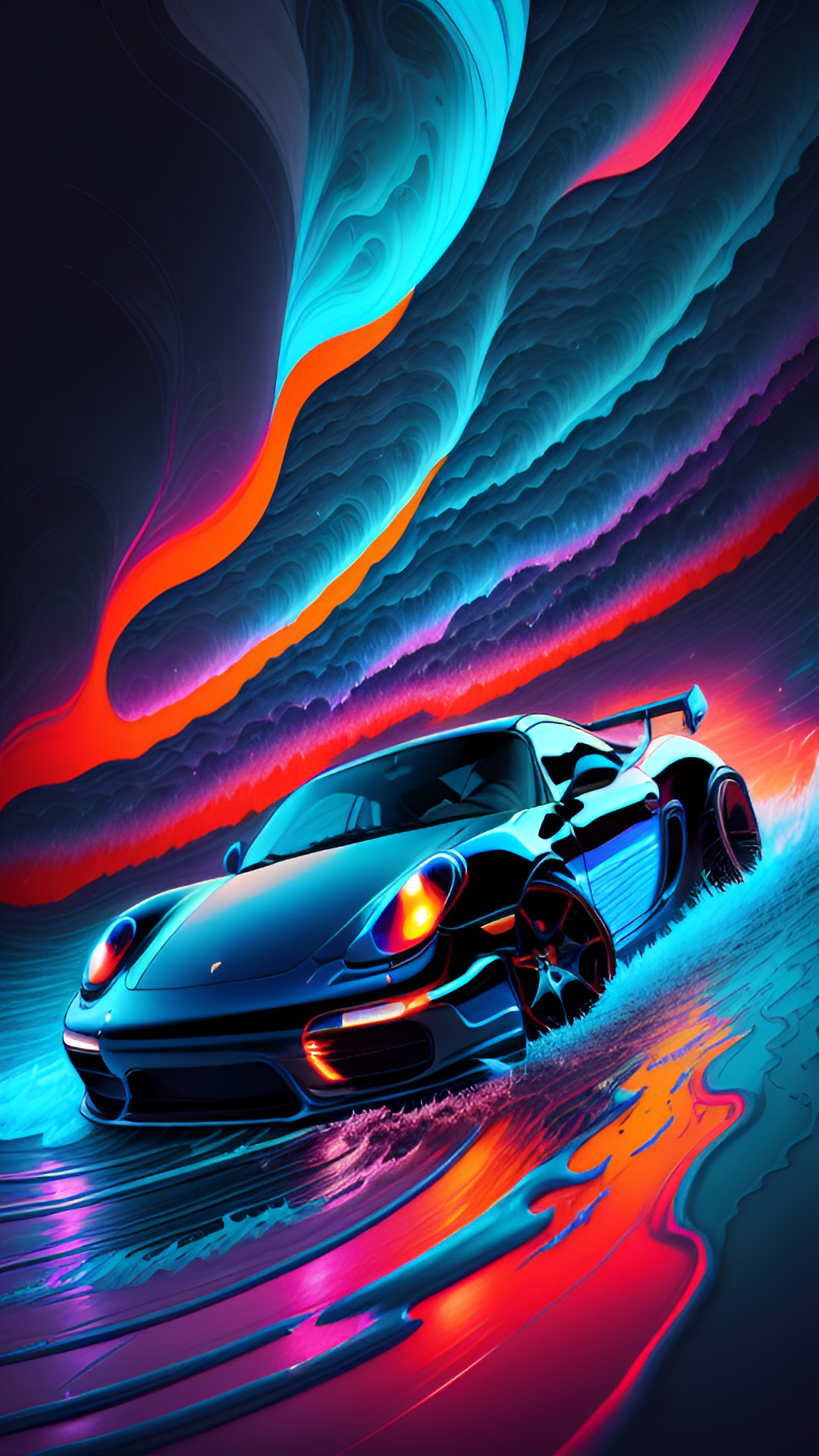 dark blue porsche cayman, neon lines in ocean, neon waves crashing, dark night, neon red lines waves, high detail, dark waves, neon preview