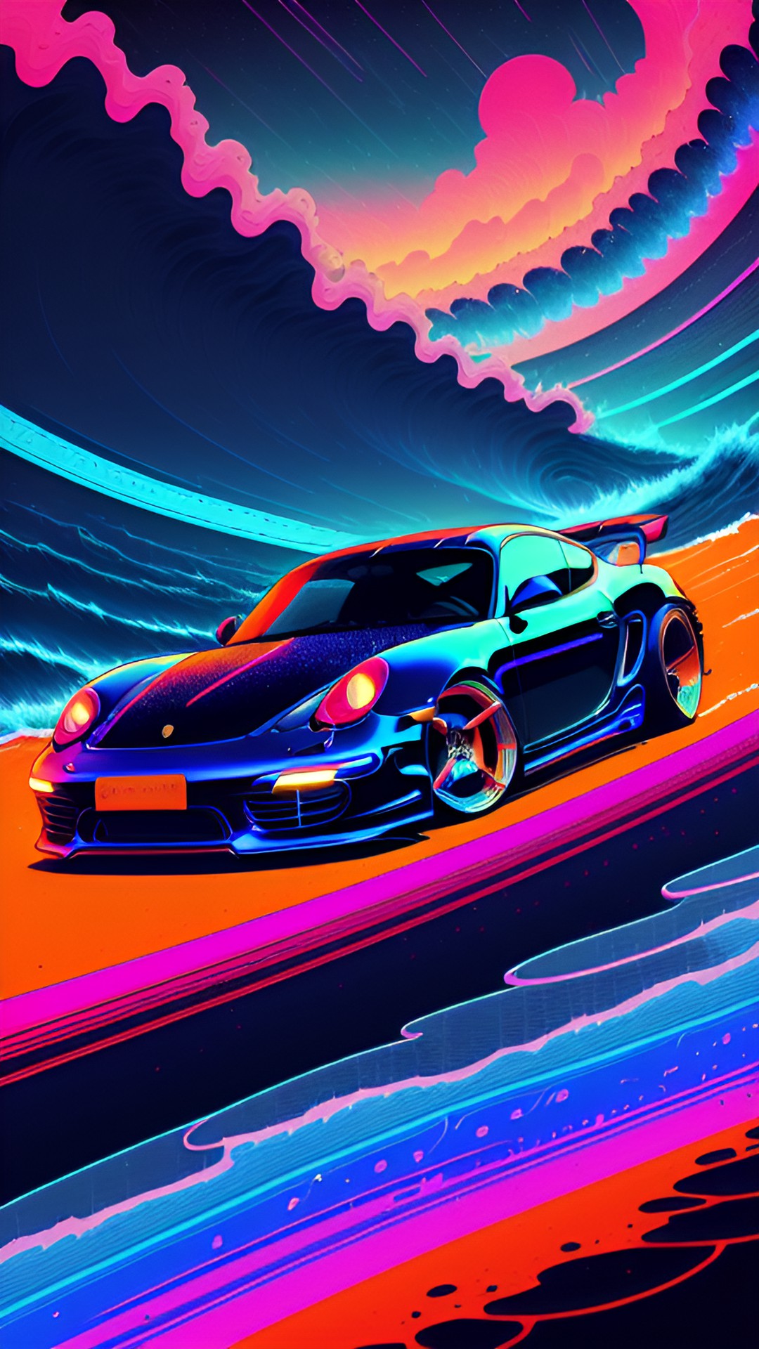 dark blue porsche cayman, neon lines in ocean, neon waves crashing, dark night, neon red lines waves, high detail, dark waves, neon preview