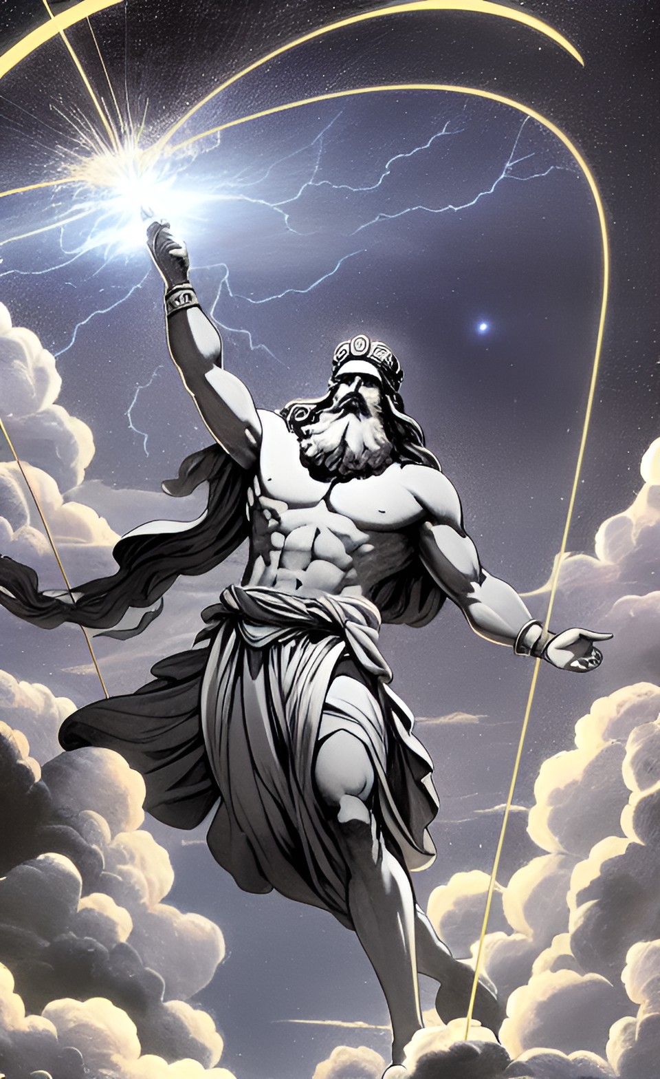 god zeus suspended in the sky shooting bolts at mortals on earth preview