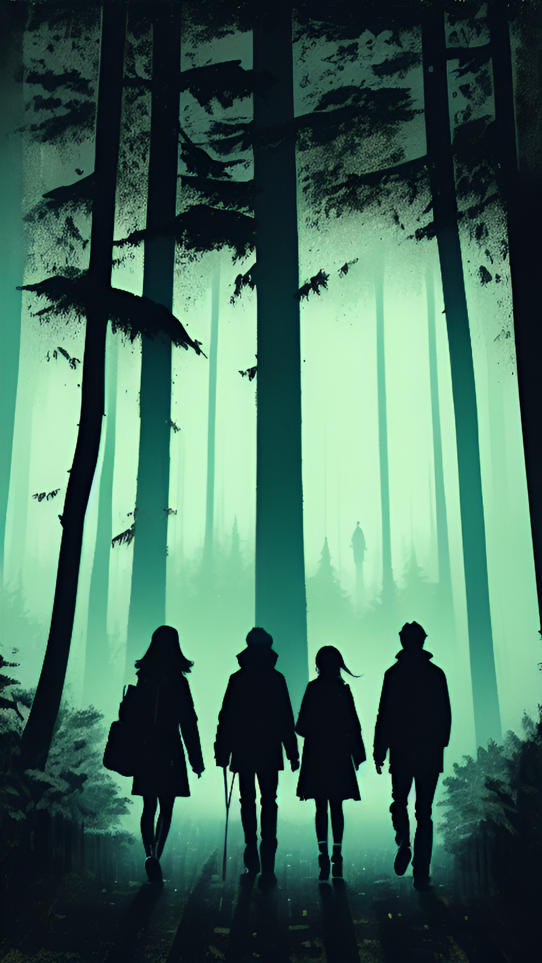 a group of 4 friends walking in the dark forest preview