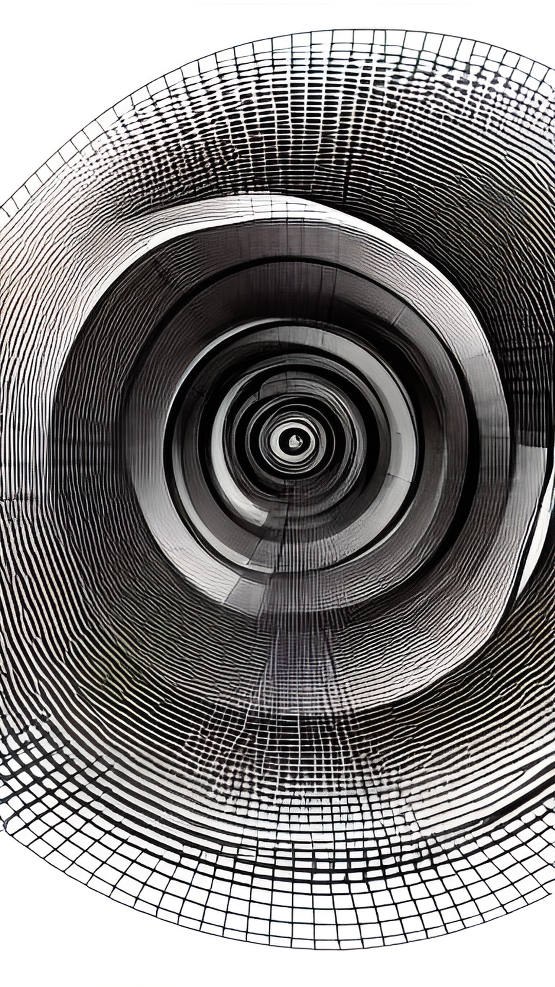 black geometric abstract spiral 3d structure floating in a white space preview