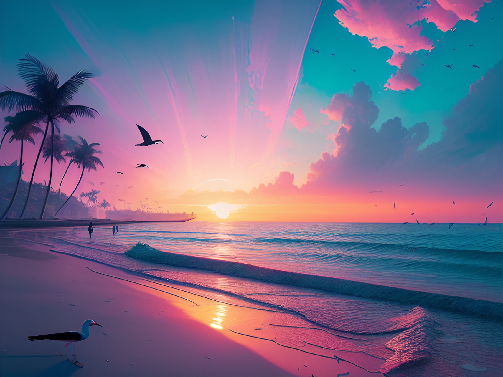 pink sunset - a breathtaking pink sunset over a serene ocean, with the silhouettes of palm trees in the foreground and seagulls flying in the distance. preview