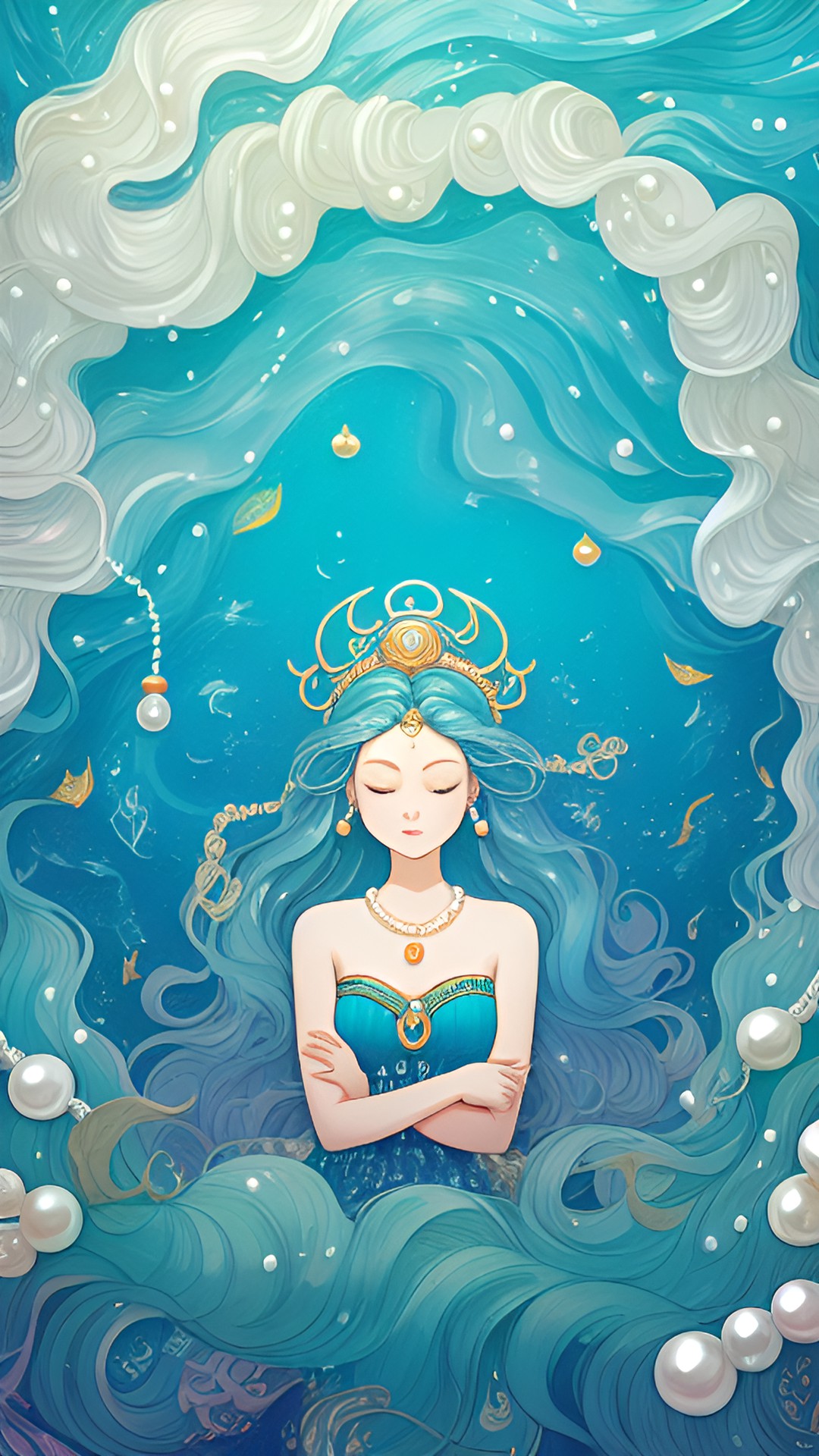 mural of the goddess of the sea, long wavy hair becoming the sea, pearls decorating her hair, shiny skin, ocean, sea, fantasy preview