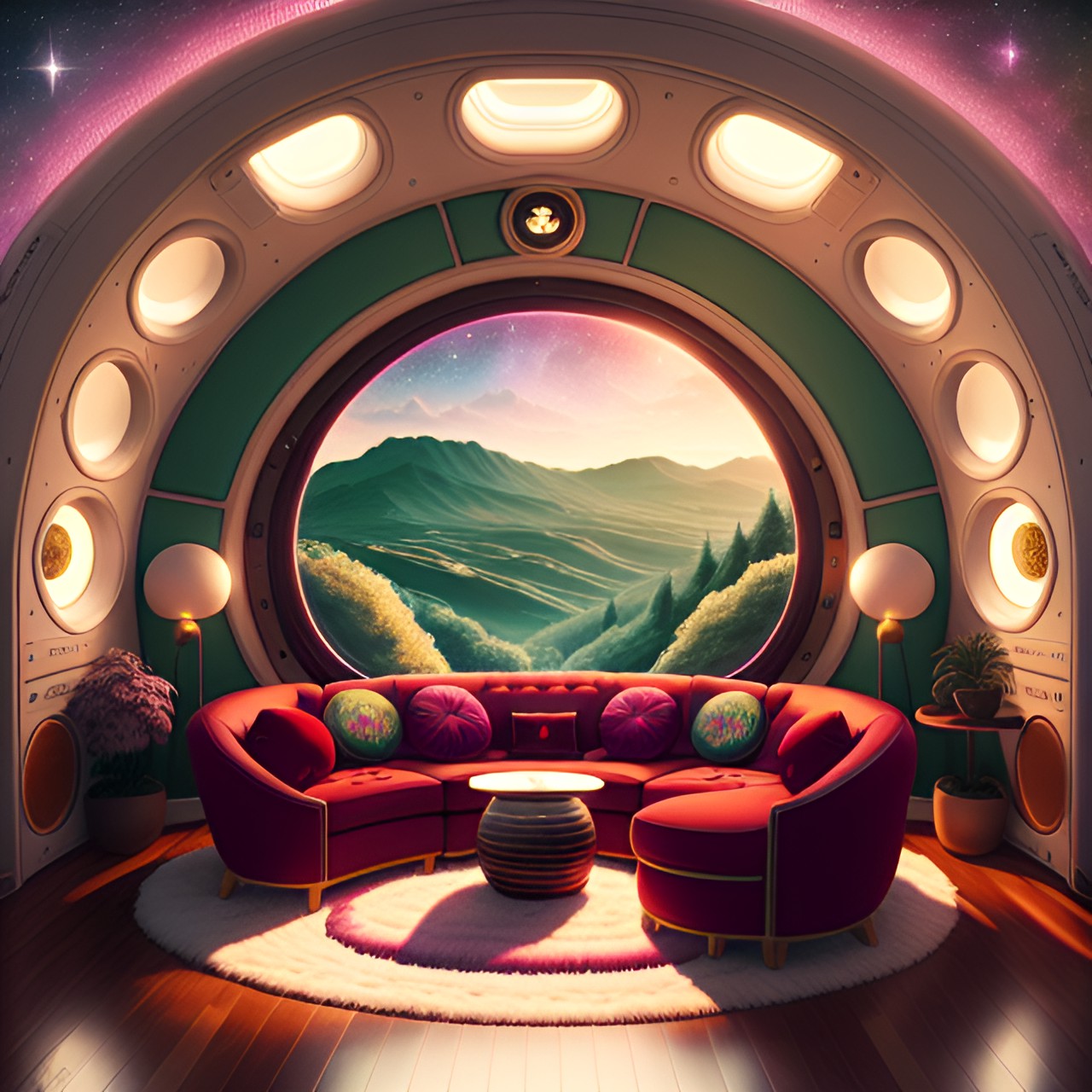 this cozy living room on a space ship features a large, oval-shaped window, the furniture is warm and inviting, with a plush sofa and armchair upholstered in a rich, burgundy fabric. a wooden coffee table sits at the center of the room, greenery. a cozy fireplace. preview