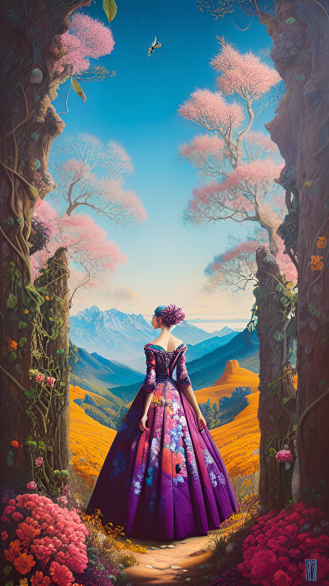 woman wandering over a mountain landscape, with trees and flowers preview