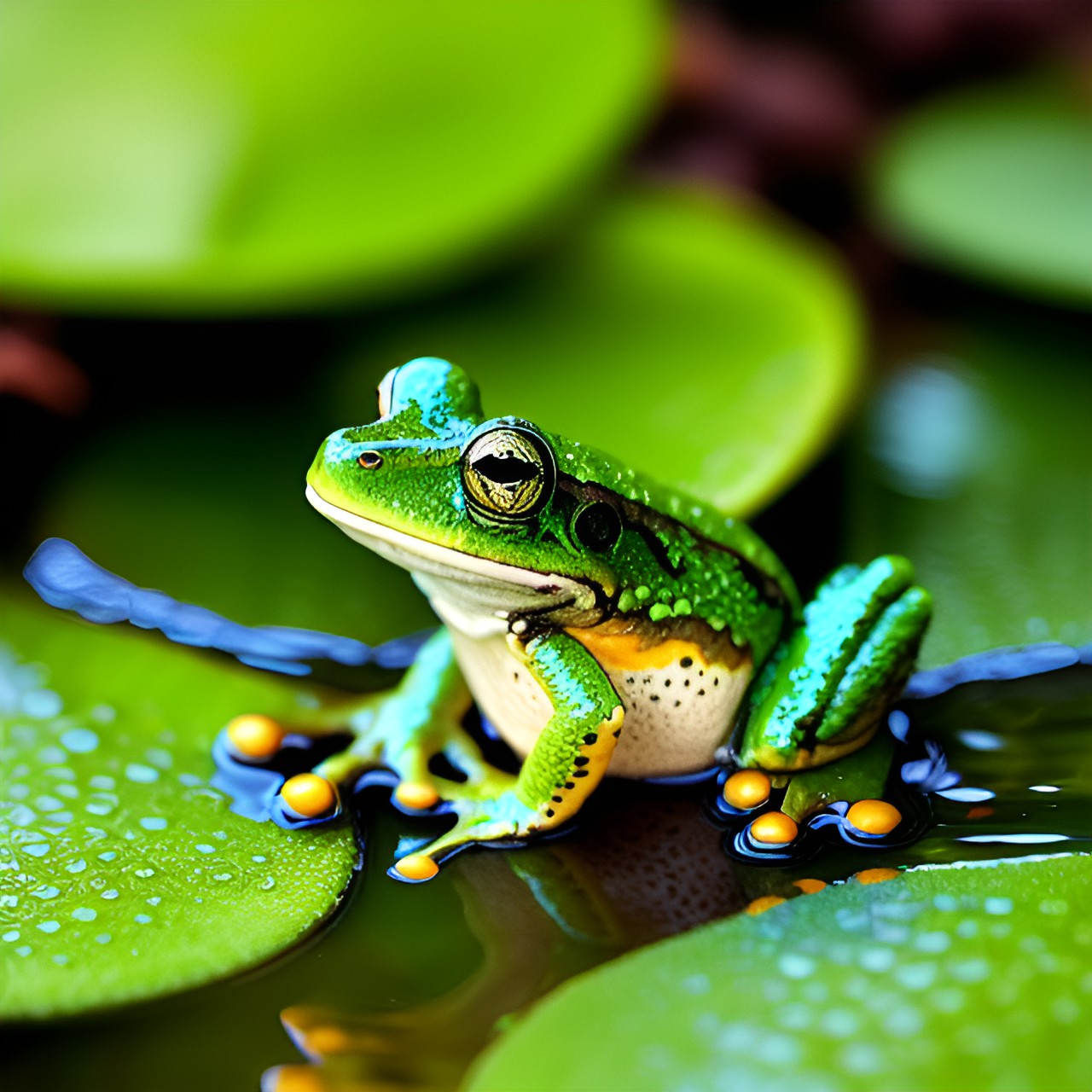 Morning Frog - happy frog morning dew pond water trees preview