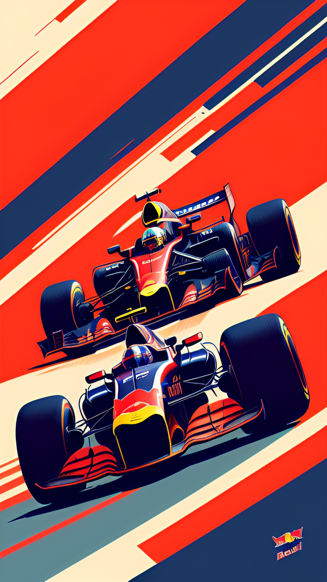 a sleek red bull f1 race car zooming through sharp turns on a winding track, with its fiery red and navy blue livery catching the light." preview