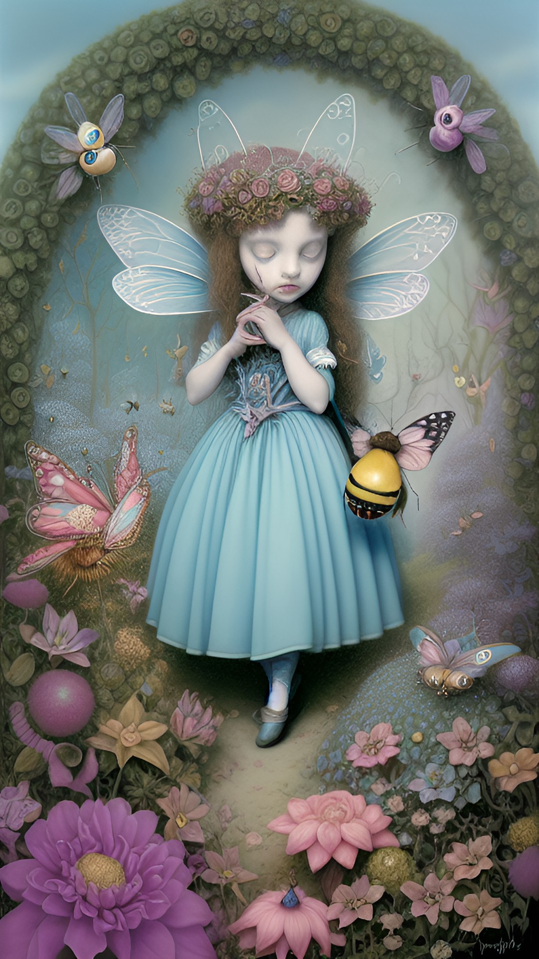 brian froud, mark ryden, fairy, bees and birds, tim burton’s animation style, pastel blue and pink preview