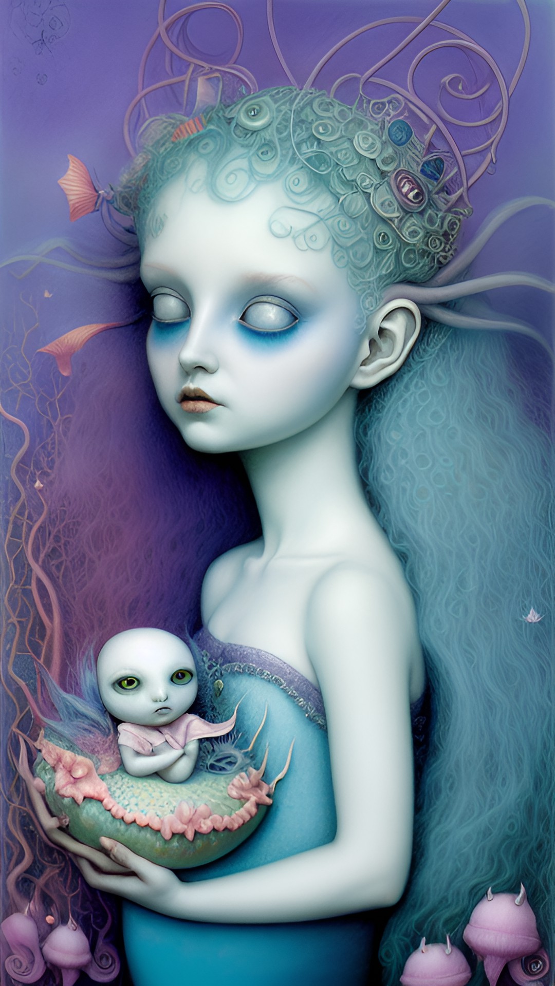 brian froud, mark ryden, mermaid, jellyfishes, tim burton’s animation style, pastel blue and pink preview