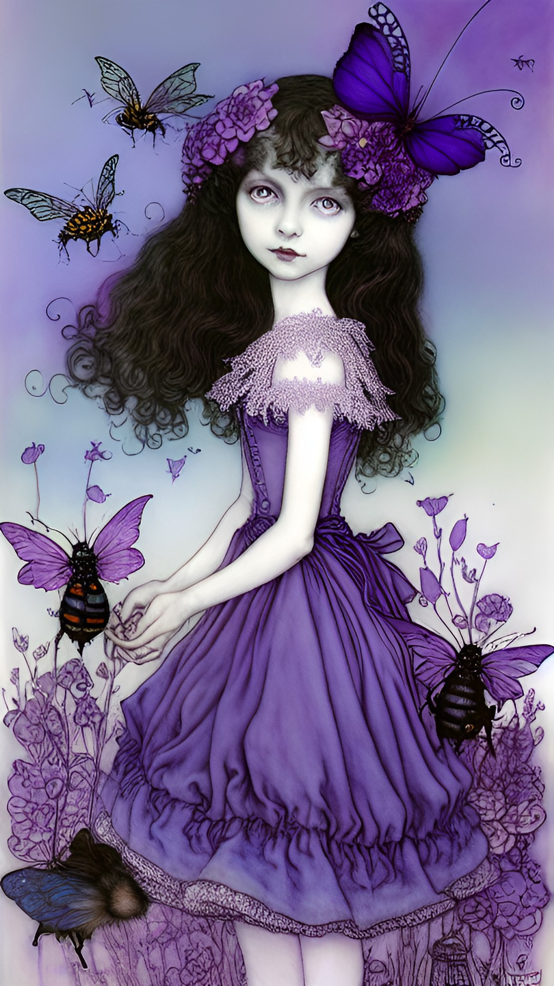 arthur rackham, mark ryden, fairy and bees, tim burton’s animation style, pastel purple and blue preview