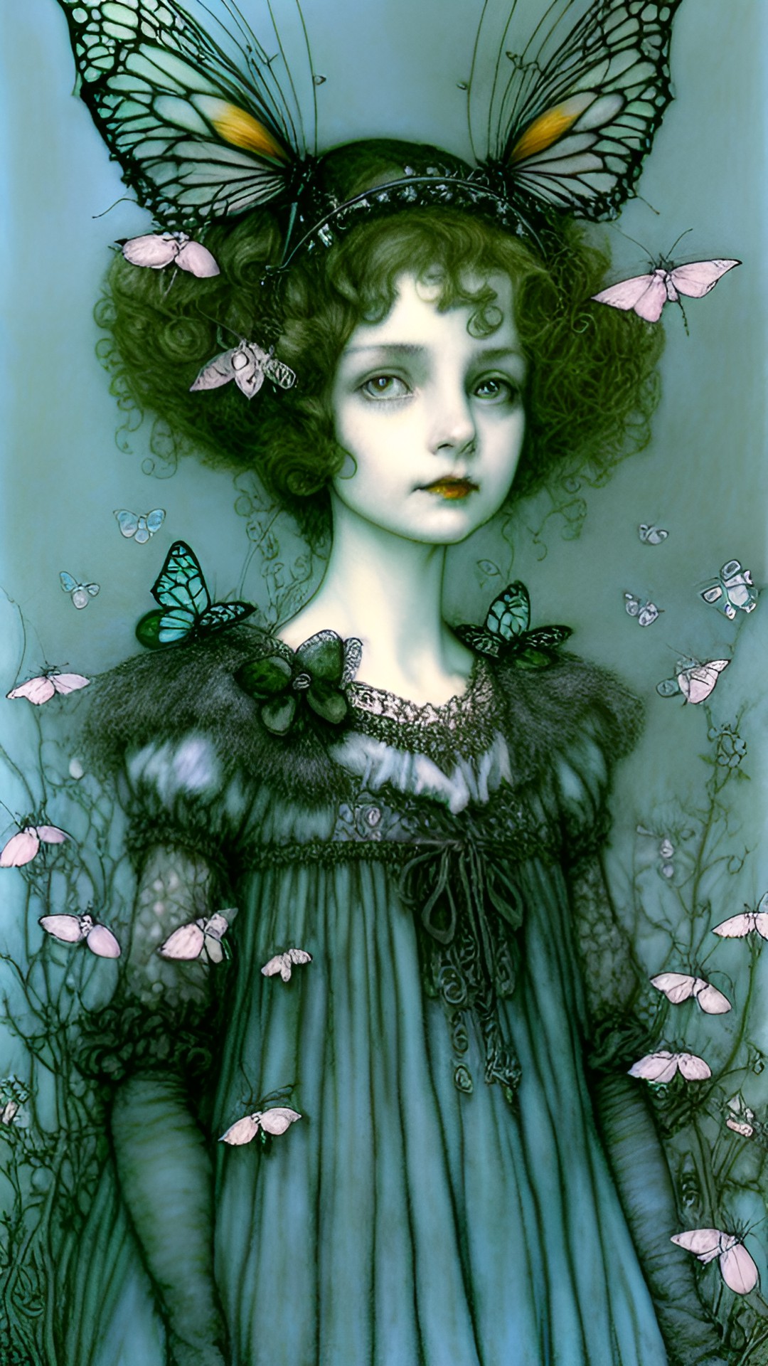 arthur rackham, mark ryden, fairy and bees, tim burton’s animation style, pastel blue and green preview