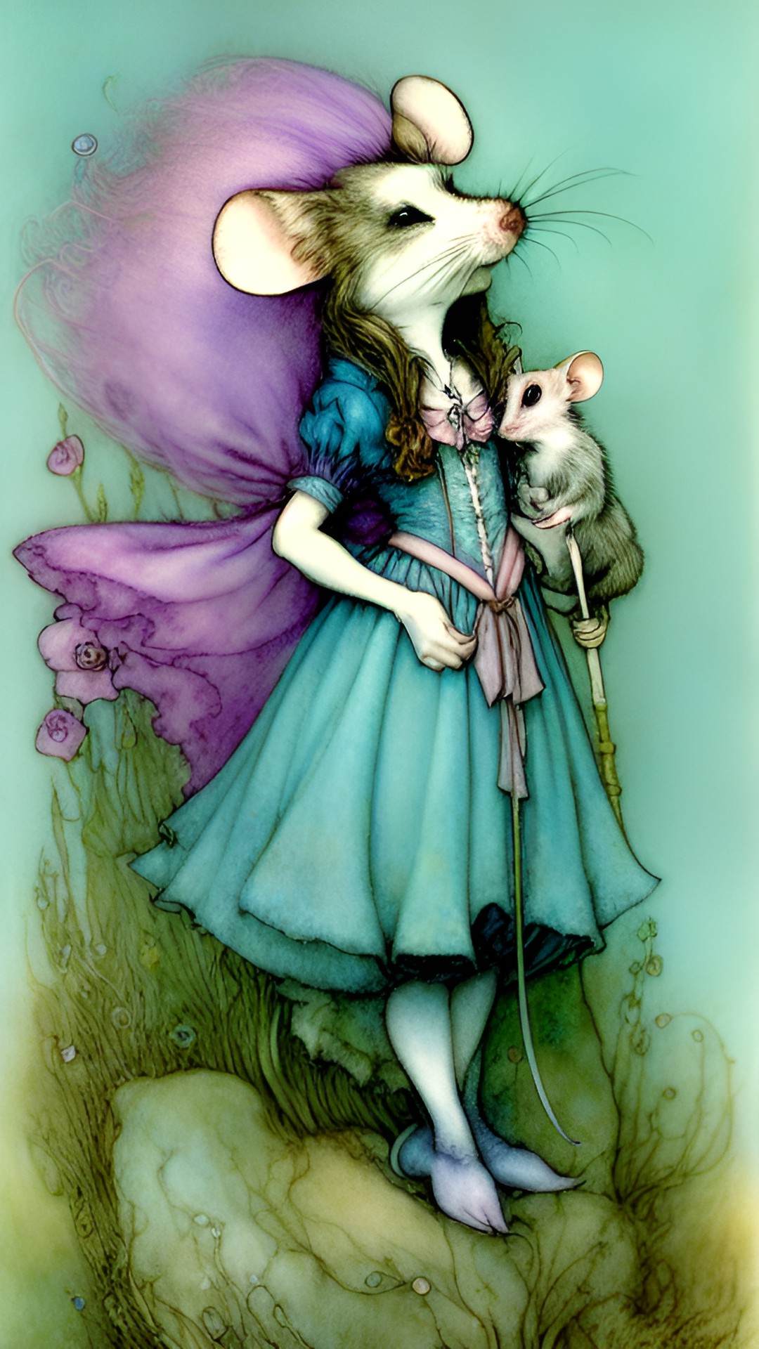 arthur rackham, brian froud, princess and anthropomorphic mouse, tim burton’s animation style, pastel blue, pink and green preview