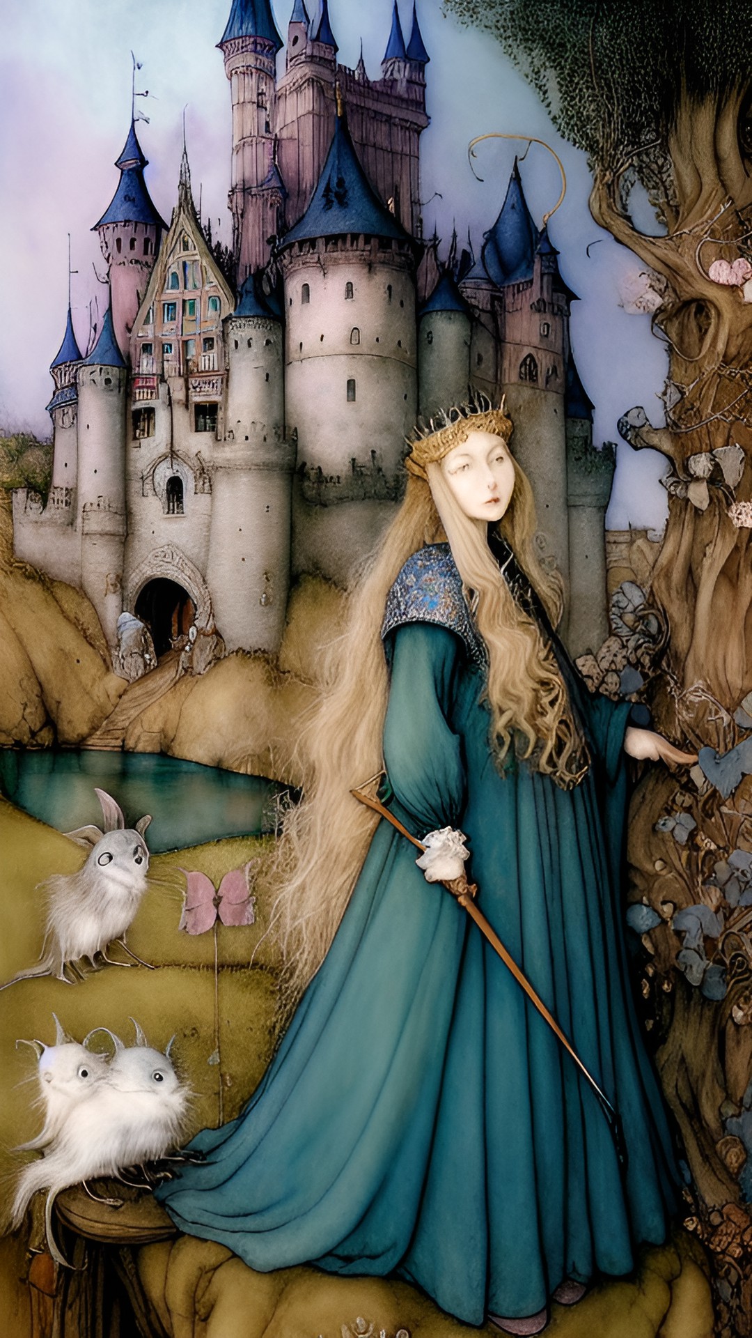 arthur rackham, brian froud, hieronymus bosch, princess and weird animals, castle in background, tim burton’s animation style, pastel blue, pink and green preview