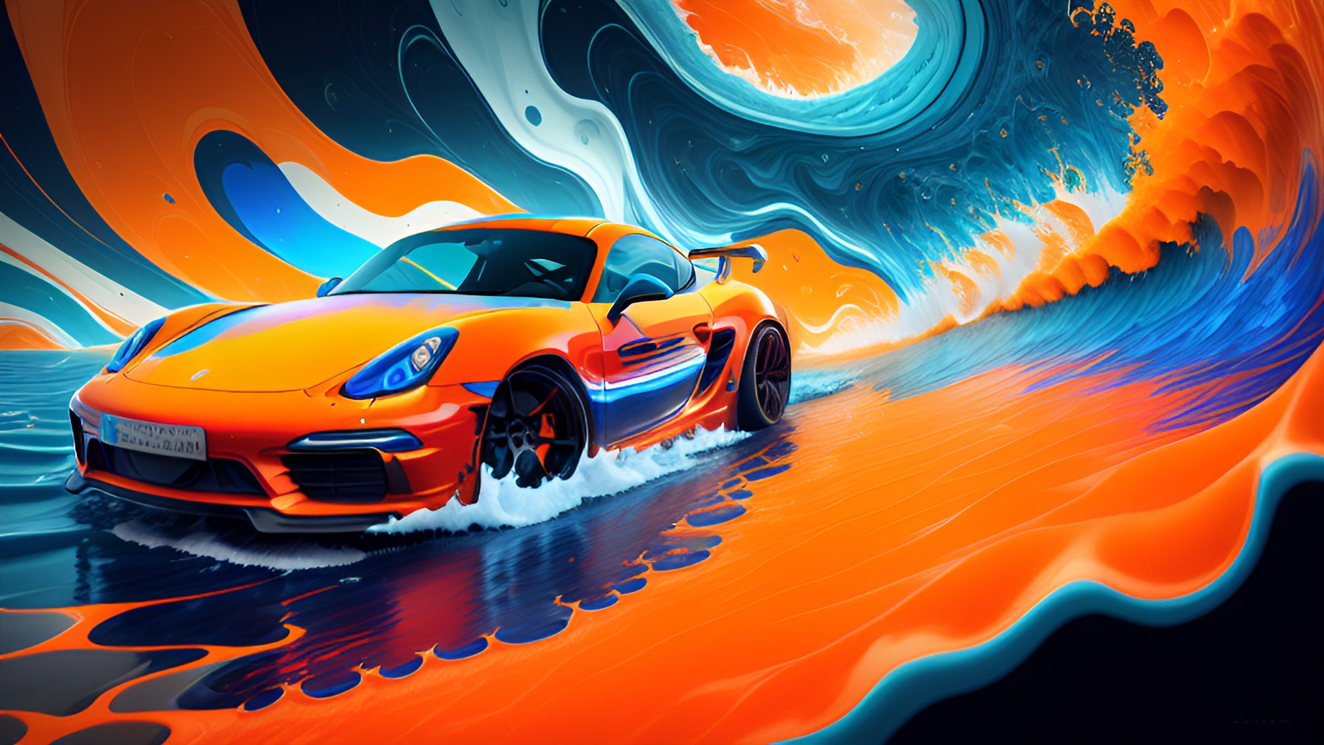 front view of dark blue porsche cayman in the distance, orange and blue ocean, orange and blue waves crashing, orange and blue sky, orange and blue waves, high detail, dark waves, orange and blue preview