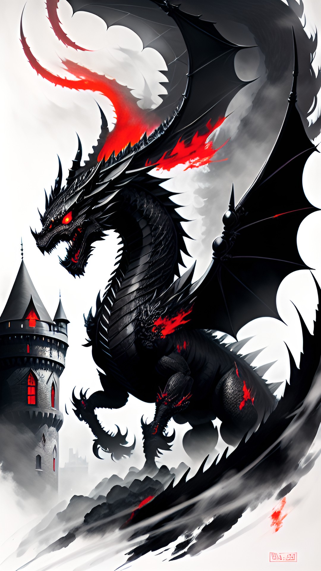 black dragon, fire breath, red eyes - a menacing black dragon, with razor-sharp claws and wings spanning the length of a castle tower. its fiery breath scorching the earth below, with eyes glowing fie preview