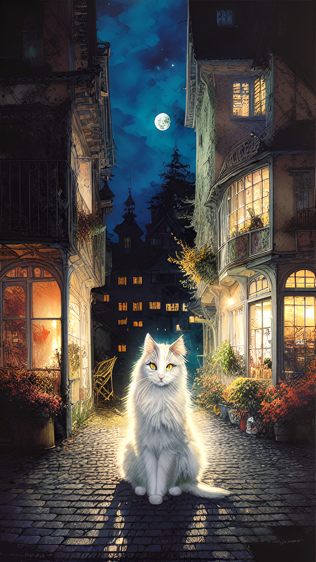 long-haired white cat in the moonlight preview