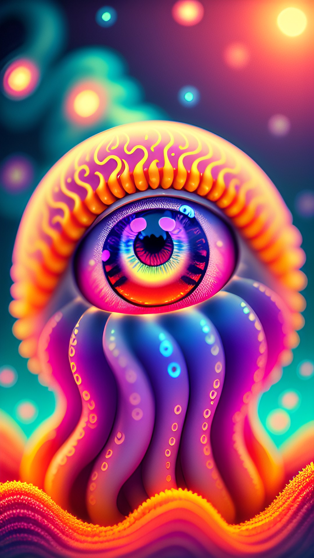 wavy flaming cute eye alien monster octopus and eyes, jody lee, tomás hijo, jeff easily forest wavy night sky depth of field, kawaii, cute, soft colors, preview