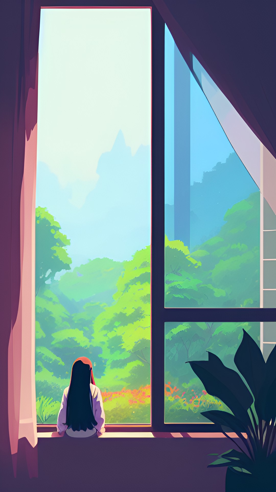 woman looking out window. plants. peace. calm. heart. preview